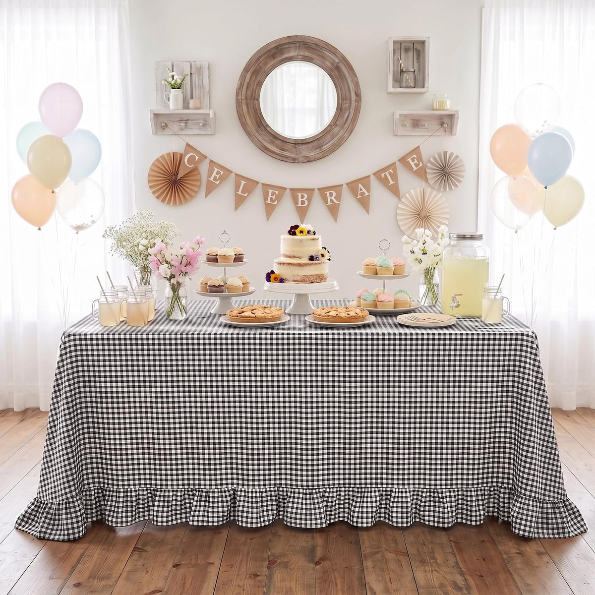 PartyDelight Gingham Ruffle Tablecloth Butter Yellow Washed Cotton Checkered Rectangular Table Cover for Farmhouse Kitchen Cute Cottagecore Birthday Party Decor, Soft Vintage (60x102 Fits 6-9 Seats)