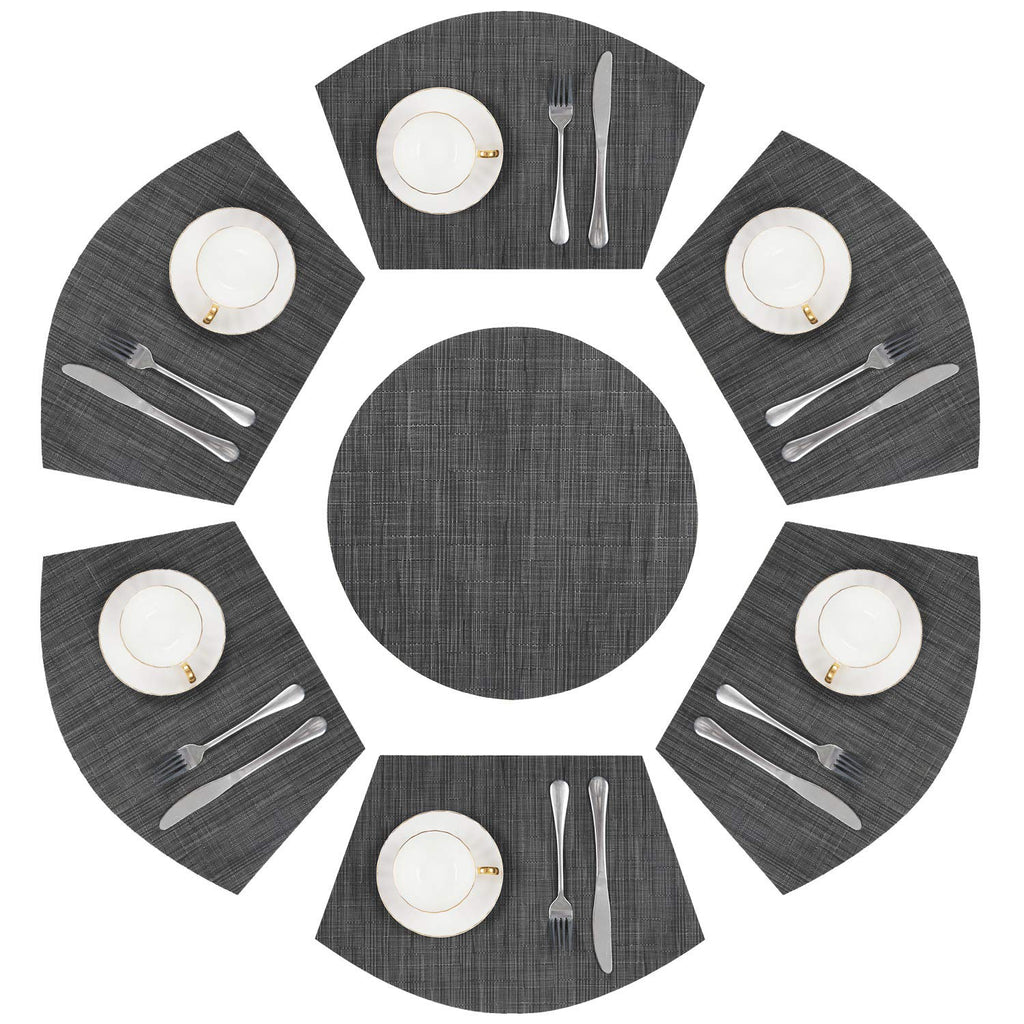 SHACOS Small Round Table Placemats Set of 5 Woven Vinyl Wedge Placemats with Centerpiece Round Table Mats Heat Resistant Wipe Clean (5, Black Gray)