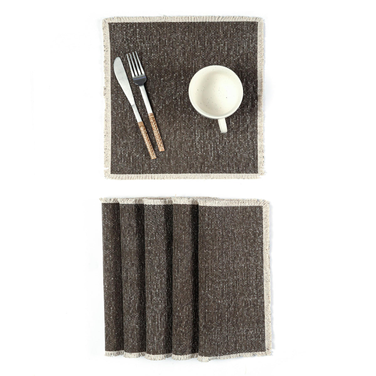 Hausattire Cotton Frayed Placemats Set of 4 Dining Table 14x14 Inch | Rustic Vintage Boho Washable Easter Placemat for Outdoor Parties BBQ's Wedding, Holiday, Special Occasions, Nubby Cotton - Brown