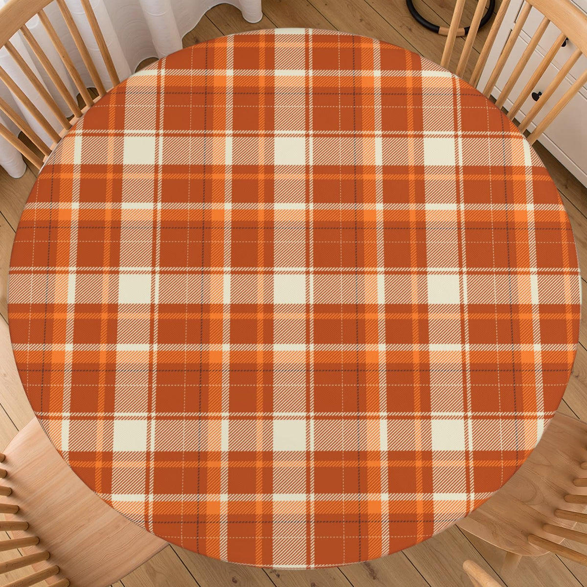 Fall Round Fitted Tablecloth with Elastic for 44-48 Inch Tables Blue Orange Pumpkin Leaves Autumn Thanksgiving Fitted Table Cover Waterproof Harvest Themed Farmhouse Indoor Outdoor Patio Picnic Party