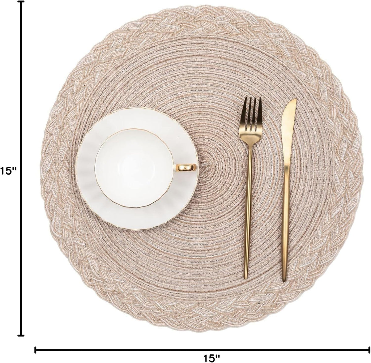 SHACOS 15 inch Round Placemats Set of 6 Boho Woven Braided Border Table Mats Washable Heat Resistant Circle Place Mats for Dining Table, Beige