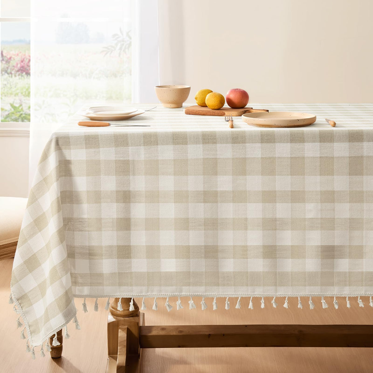 Softalker Fall Gingham Rectangle Tablecloth with Tassel, Orange, 55" x 84"