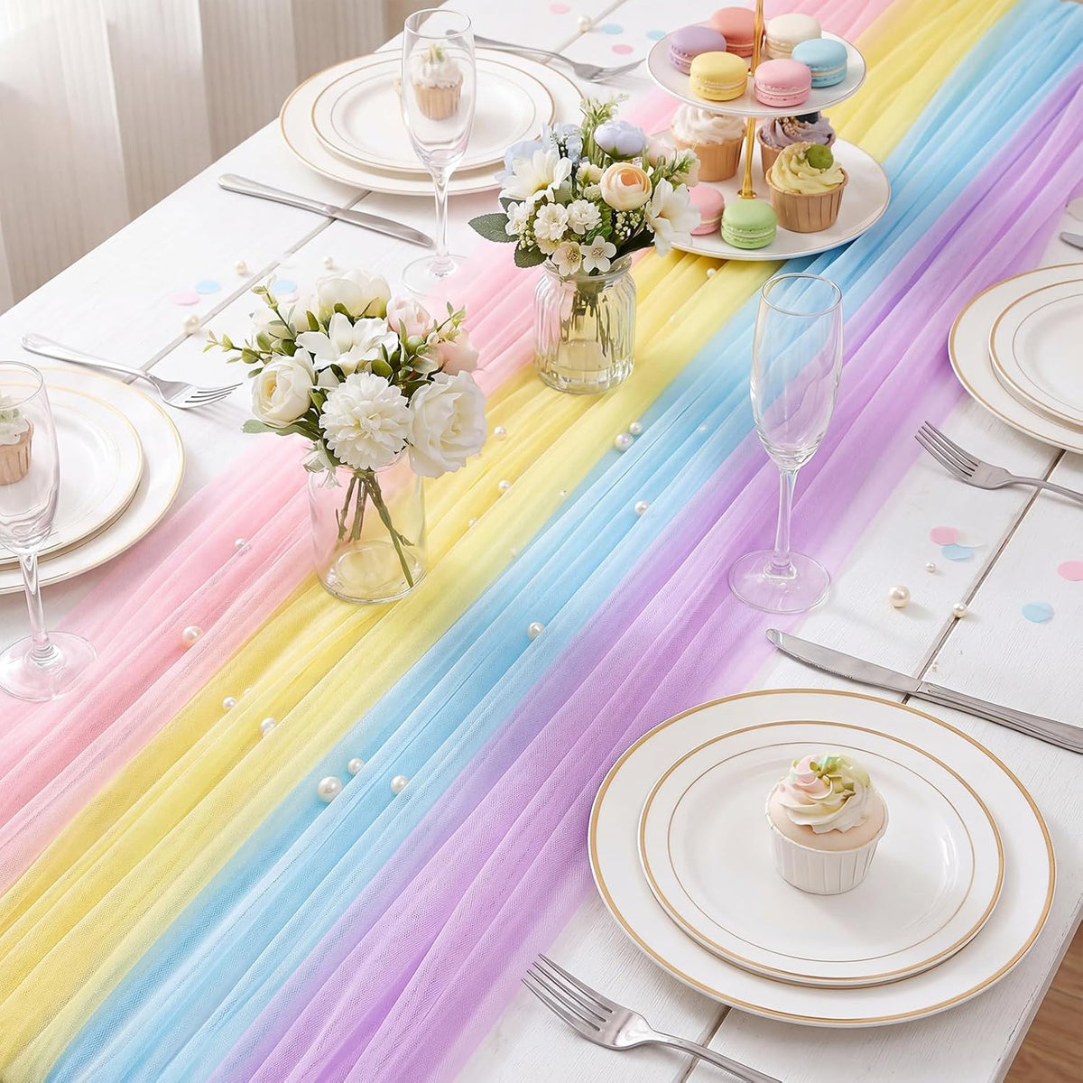 4 Pcs Pastel Colorful Tulle Table Runner Spring Summer Party