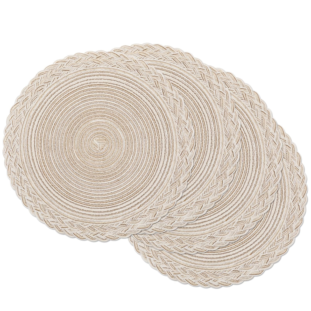 SHACOS 15 inch Round Placemats Set of 6 Boho Woven Braided Border Table Mats Washable Heat Resistant Circle Place Mats for Dining Table, Beige