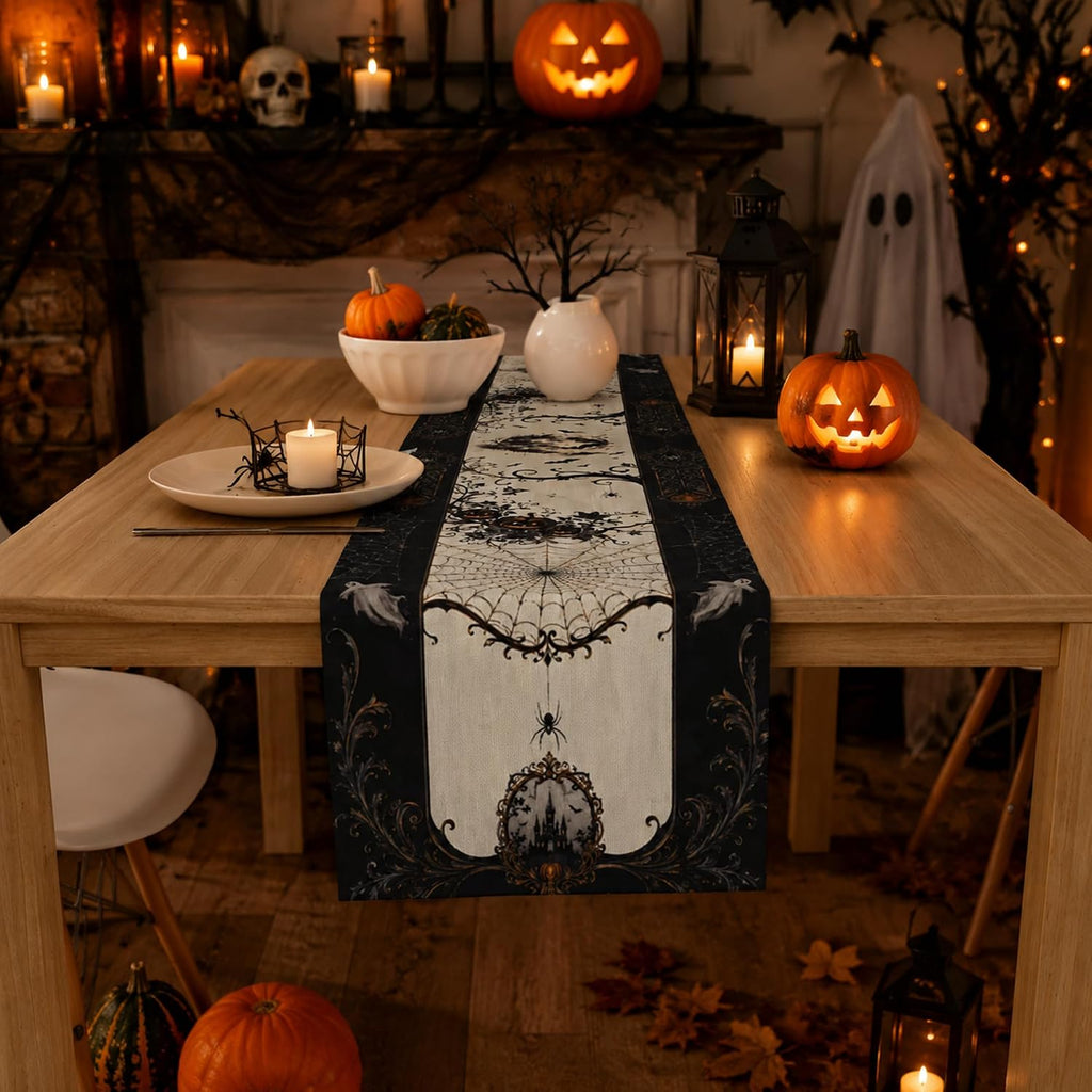Halloween Decorations - Gothic Pumpkin Ghost Spider Web Table Runner