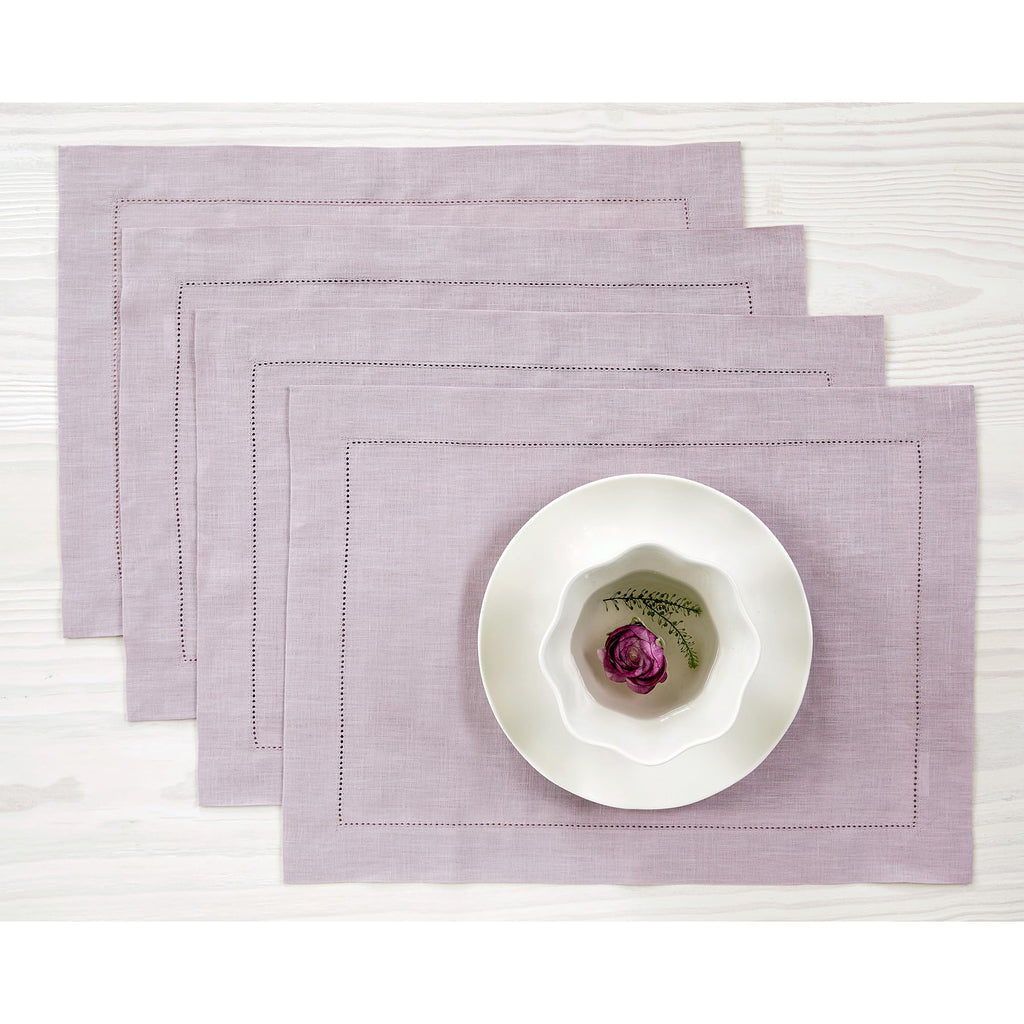Solino Home 100% Pure Linen Placemats Green Hemstitch, 14 x 19 in, Set of 4