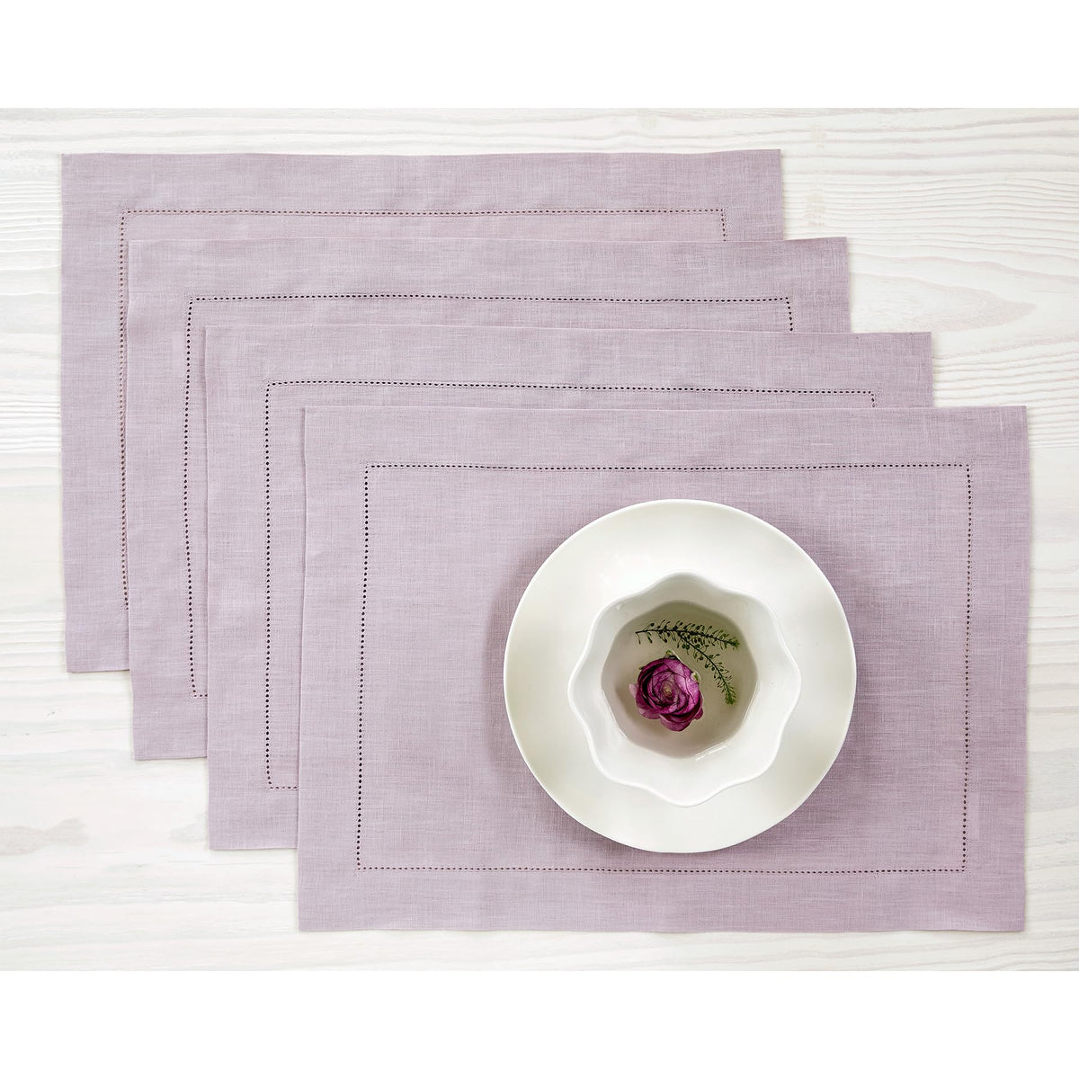 Solino Home 100% Pure Linen Placemats Green Hemstitch, 14 x 19 in, Set of 4