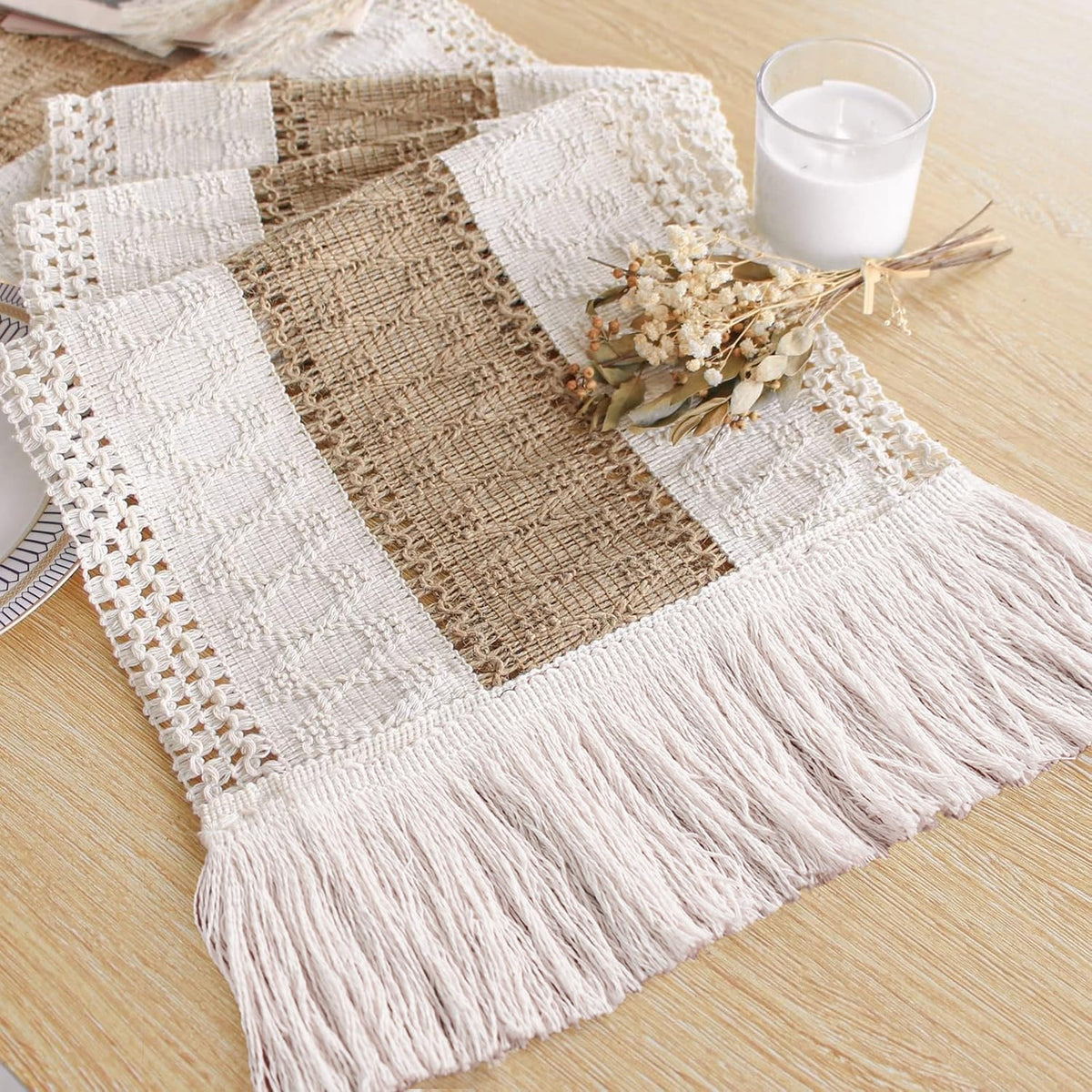 FEXIA Boho Table Runner for Fall Home Decor 12x72 Rustic with Tassels