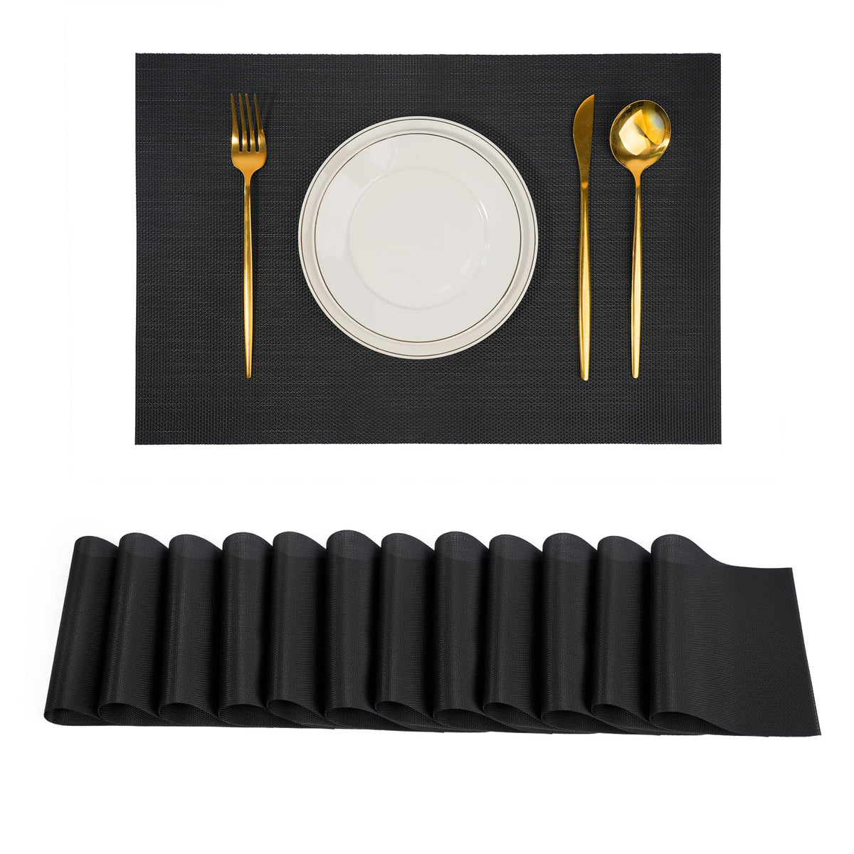 Placemats Set of 6，Non-Slip PVC Weave Table Mats Easy to Clean，Heat Resistant Place Mats for Kitchen Dining Table Decoration Indoor Outdoor，Black Gray