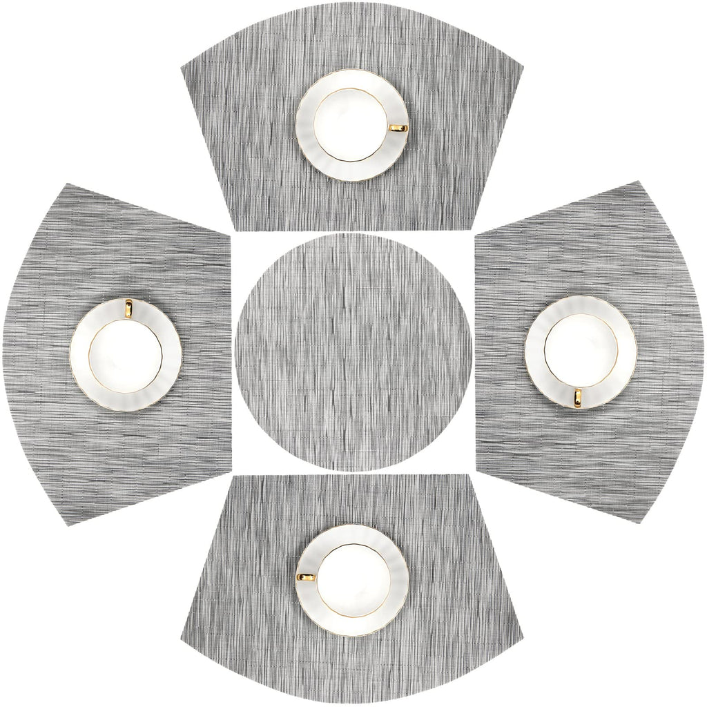 SHACOS Small Round Table Placemats Set of 5 Woven Vinyl Wedge Placemats with Centerpiece Round Table Mats Heat Resistant Wipe Clean (5, Black Gray)