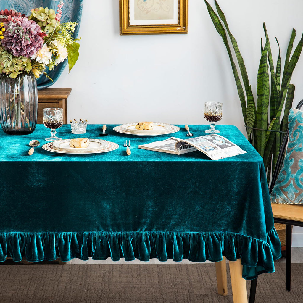 GLORY SEASON Velvet Tablecloth Luxurious Solid Rectangle Table Cloth,Oblong Retro Farmhouse Ruffle Tablecloths Washable Table Cover for Party Wedding Baby Shower Kitchen Dinning Tabletop Decoration