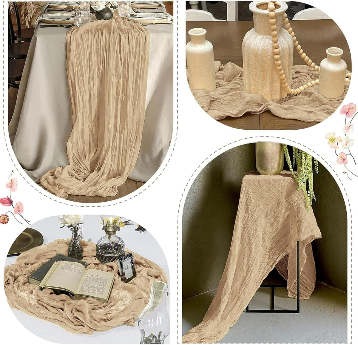 12 Pack Beige Cheesecloth Table Runner 17 x 108 Inch Gauze Table Runner Fabric Semi Sheer Cheese Cloth Table Decoration Bulk for Rustic Romantic Wedding Baby Shower Table Decoration