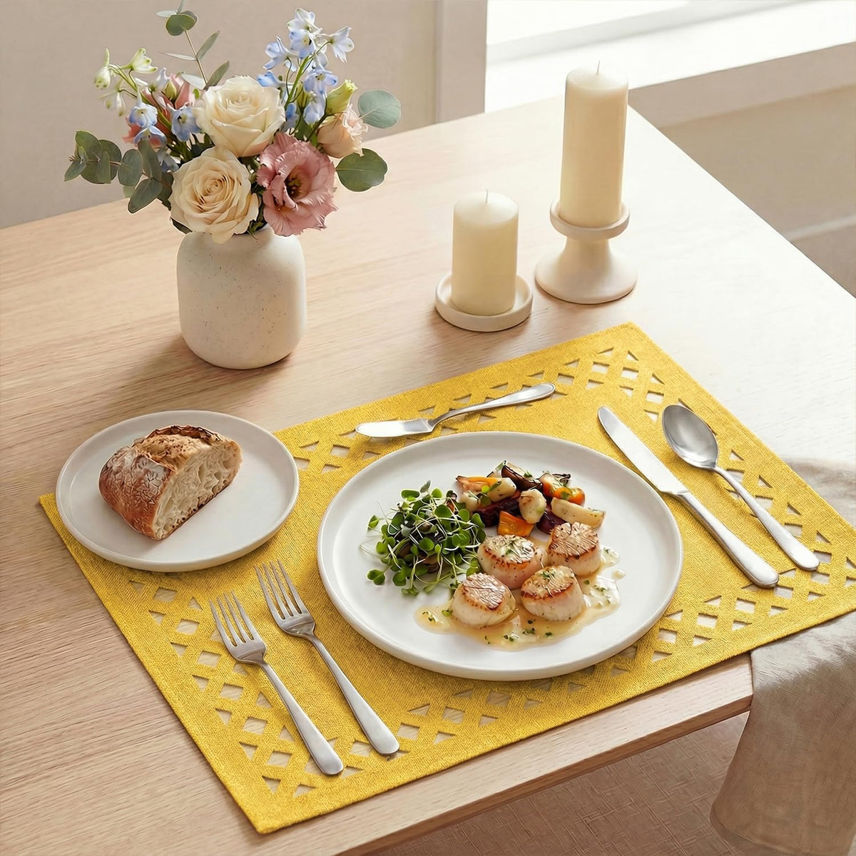 Artoid Mode Farmhouse Placemats Set of 4, Linen Textured Lattice Cutwork Place Mats for Kitchen Dining Table Decor and Outdoor Party, 12 x 18 Inchs, Yellow
