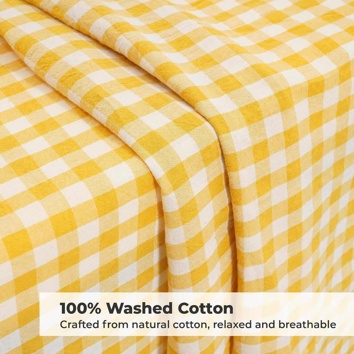 PartyDelight Gingham Ruffle Tablecloth Butter Yellow Washed Cotton Checkered Rectangular Table Cover for Farmhouse Kitchen Cute Cottagecore Birthday Party Decor, Soft Vintage (60x102 Fits 6-9 Seats)