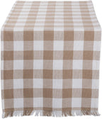 DII Fringed Check Tabletop, Table Runner, 14x108, Stone Brown