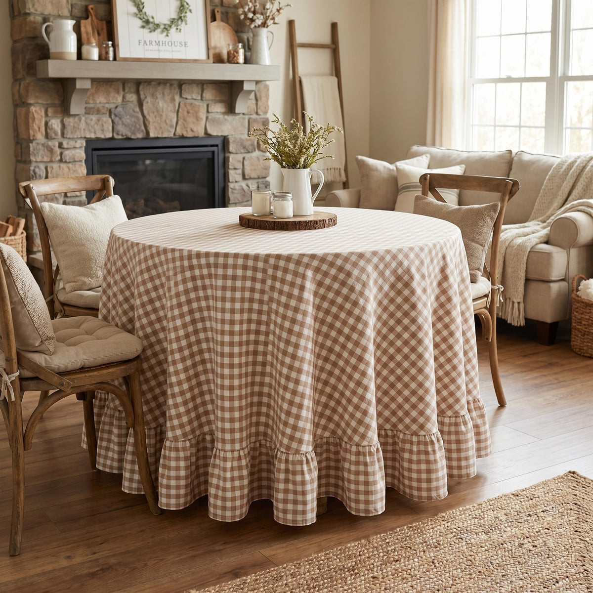 PartyDelight Gingham Ruffle Tablecloth Butter Yellow Washed Cotton Checkered Rectangular Table Cover for Farmhouse Kitchen Cute Cottagecore Birthday Party Decor, Soft Vintage (60x102 Fits 6-9 Seats)