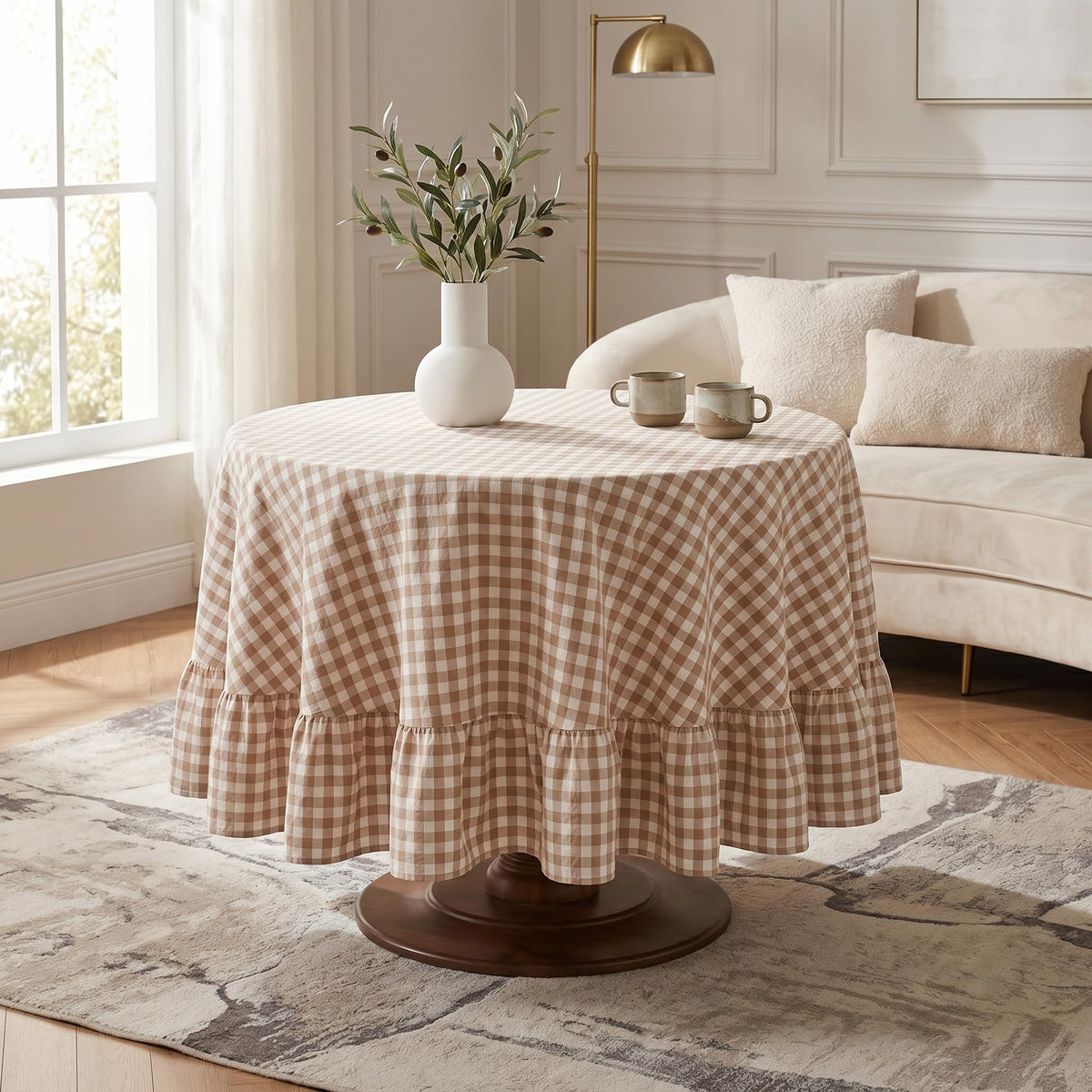 PartyDelight Gingham Ruffle Tablecloth Butter Yellow Washed Cotton Checkered Rectangular Table Cover for Farmhouse Kitchen Cute Cottagecore Birthday Party Decor, Soft Vintage (60x102 Fits 6-9 Seats)