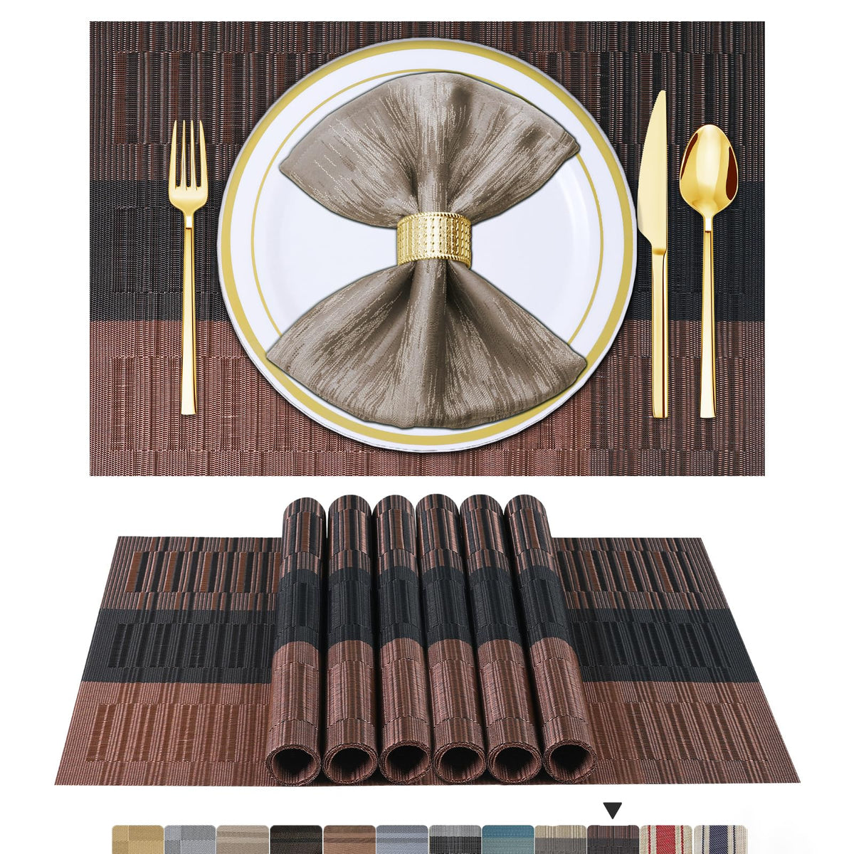 BETEAM Placemats Set of 8, Woven Vinyl Place Mats for Dining Table, Gray