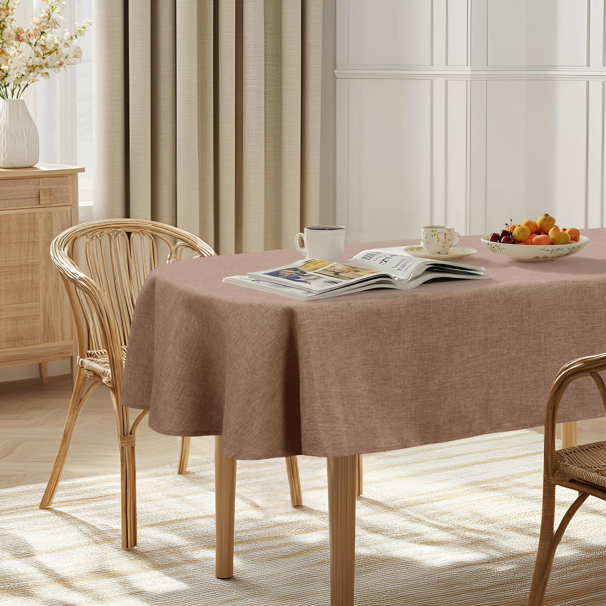 JIUZHEN Round Table Cloth Faux Linen Farmhouse Tablecloth Wrinkle and Stain Resistant Decorative Fabric Table Cover for Kitchen, Dining Room, Parties and Camping, Beige, 90 Inch Round