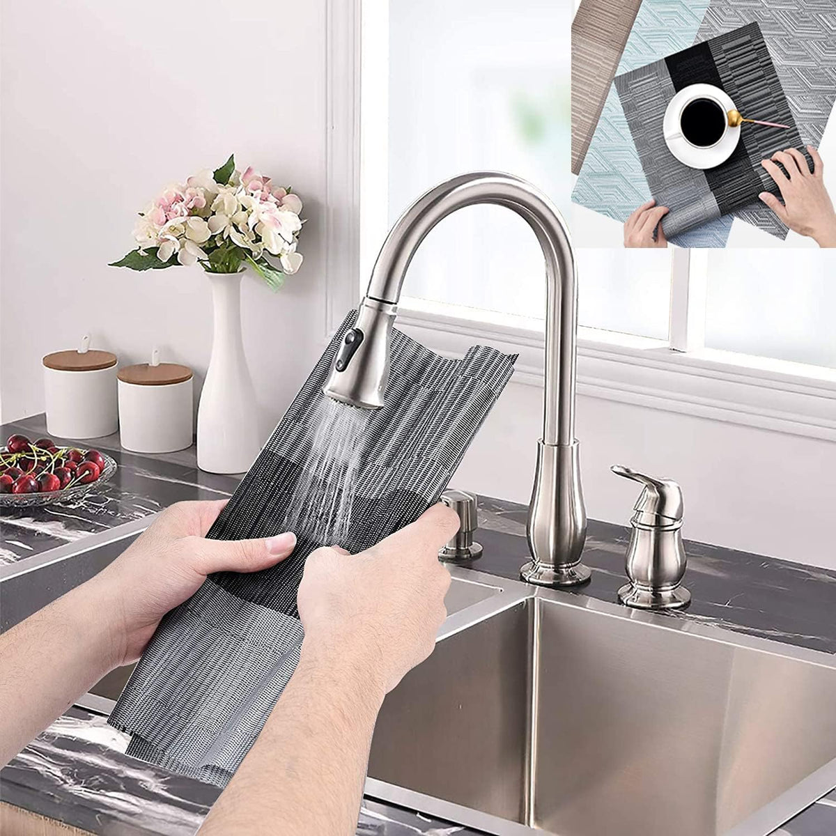 Placemats, Washable PVC Table Mats, Woven Vinyl Placemat for Dining Table Place Mats Set (6 Placemats and 1 Table Runner, Black and Grey)