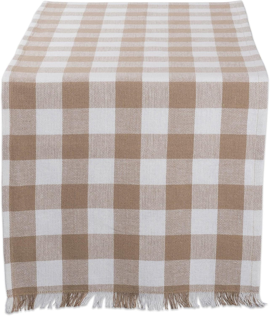 DII Fringed Check Tabletop, Table Runner, 14x72, Stone Brown