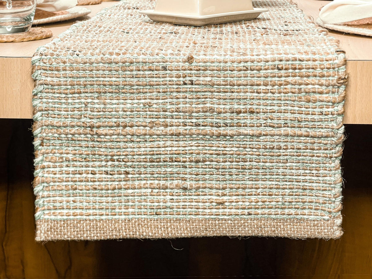 Chardin home Natural Jute Table Runner 13x108 Inch – Vintage Boho Rustic Table Decor – Handwoven Long Table Runner in Natural Jute and Black – Farmhouse Dining or Console Table Accent
