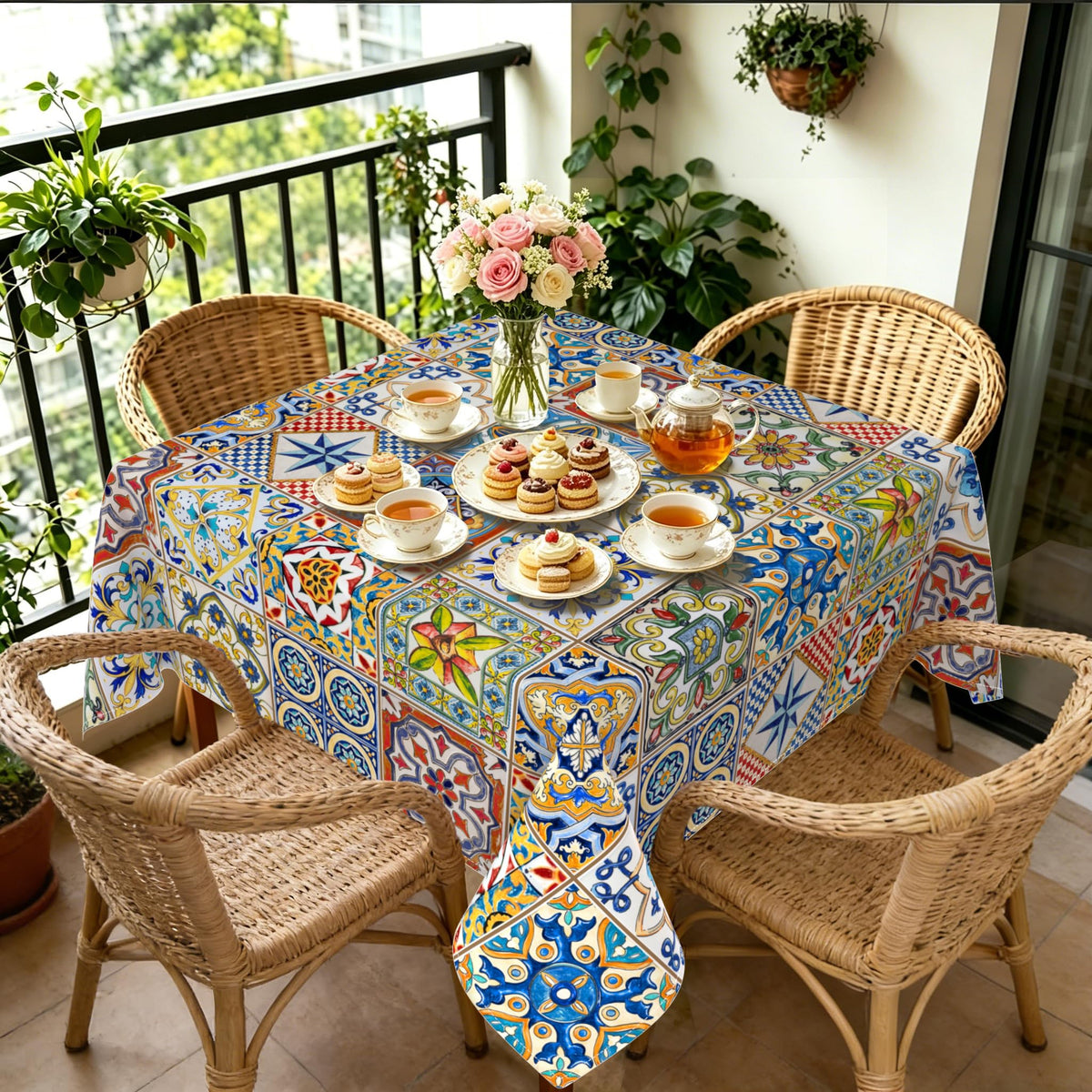 Blue Floral Square Tablecloth 70x70 Inch, Blue and White French Country Tablecloth, Rustic Floral Polyester Waterproof Tablecloth for Farmhouse Kitchen Decor/Indoor and Outdoor Tables/Parties/Picnics
