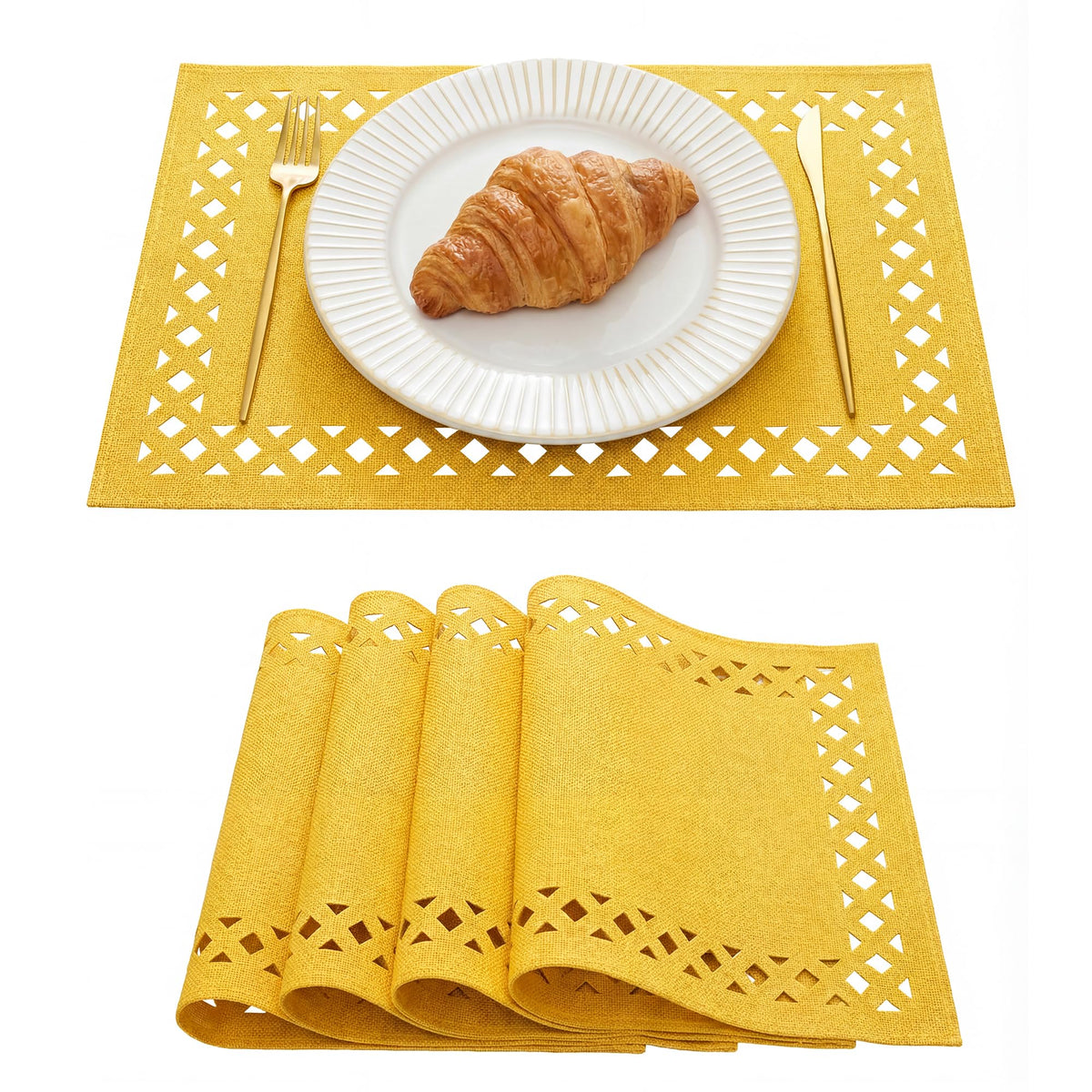 Artoid Mode Farmhouse Placemats Set of 4, Linen Textured Lattice Cutwork Place Mats for Kitchen Dining Table Decor and Outdoor Party, 12 x 18 Inchs, Yellow