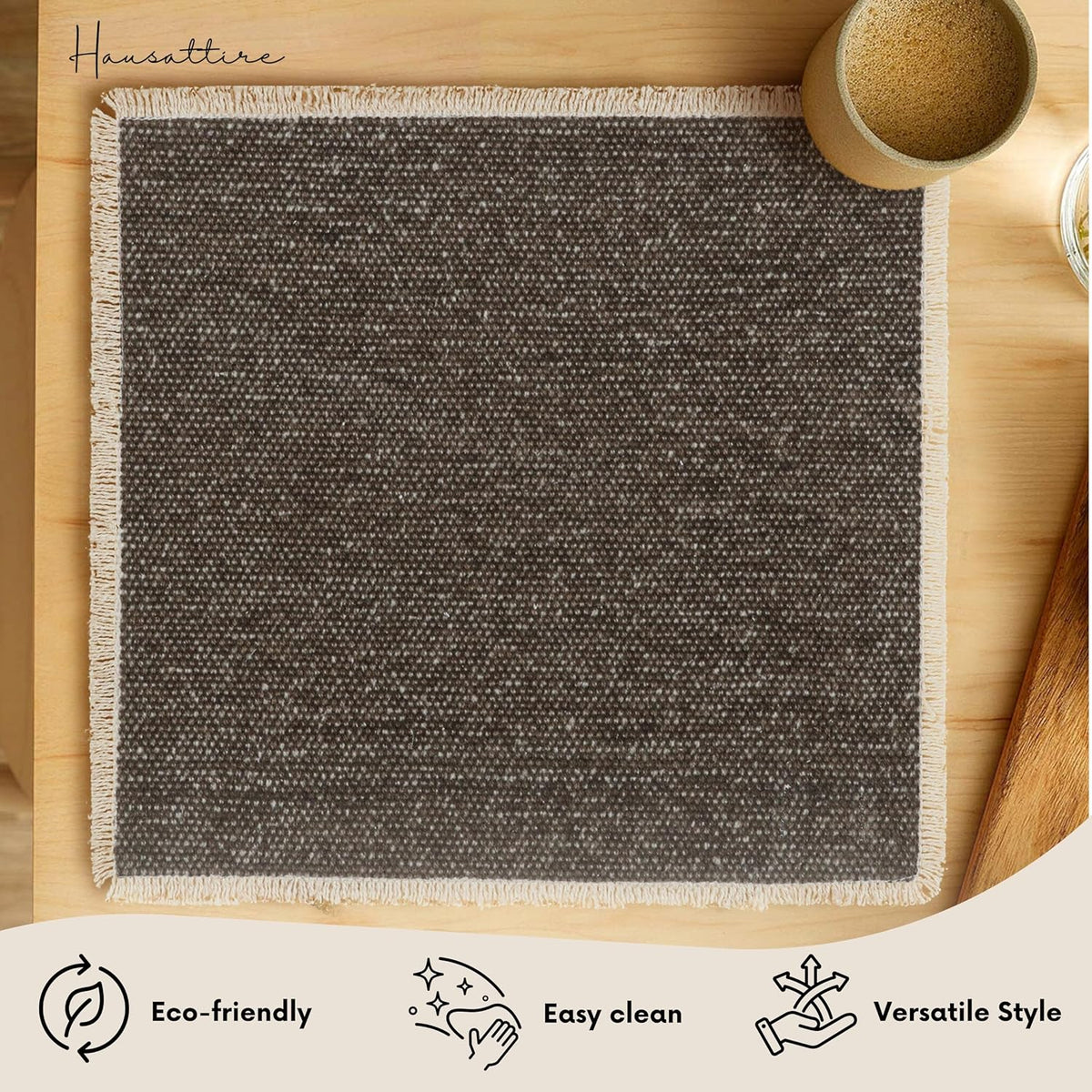 Hausattire Cotton Frayed Placemats Set of 4 Dining Table 14x14 Inch | Rustic Vintage Boho Washable Easter Placemat for Outdoor Parties BBQ's Wedding, Holiday, Special Occasions, Nubby Cotton - Brown