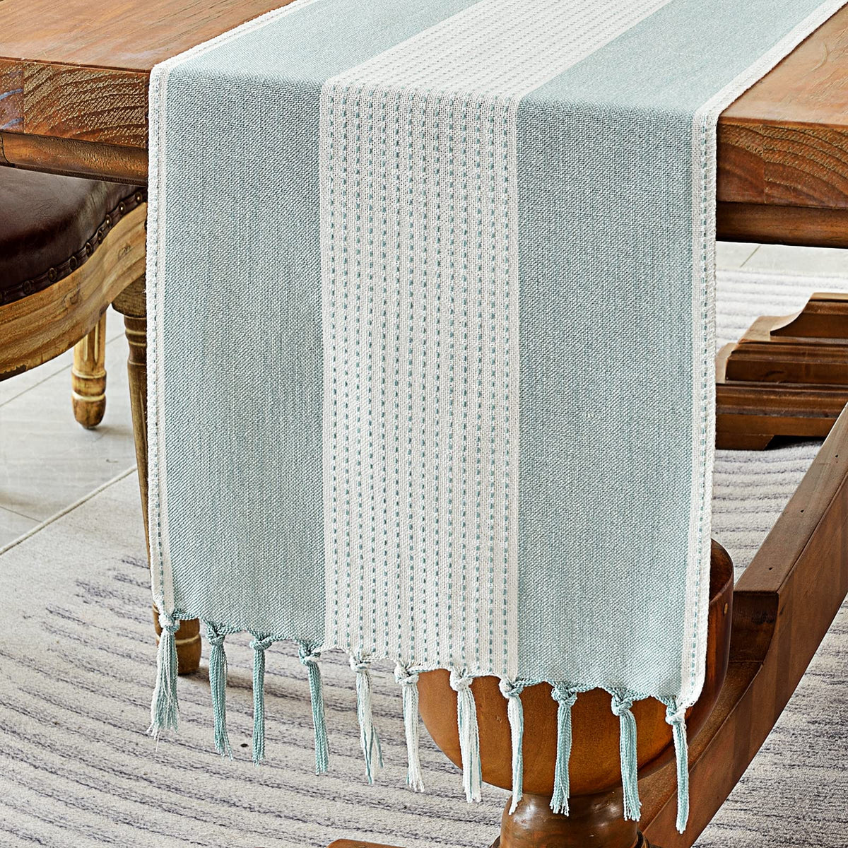 Wracra Linen Table Runner, Stripe Table Runners 72 Inches Sage Green