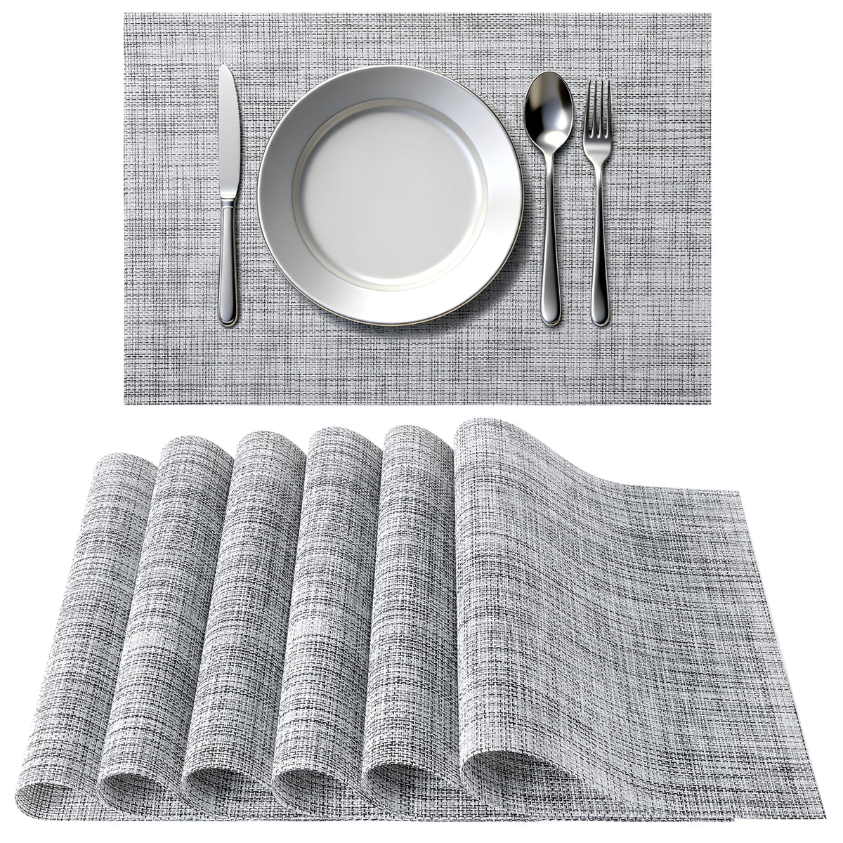 Timeet Placemats Set of 6, Heat Resistant Non-Slip Place Mats, Durable Washable PVC Vinyl Woven Table Mats, Linen Textured Table Placemats for Dining Kitchen Resistant Easy to Clean(Brown)
