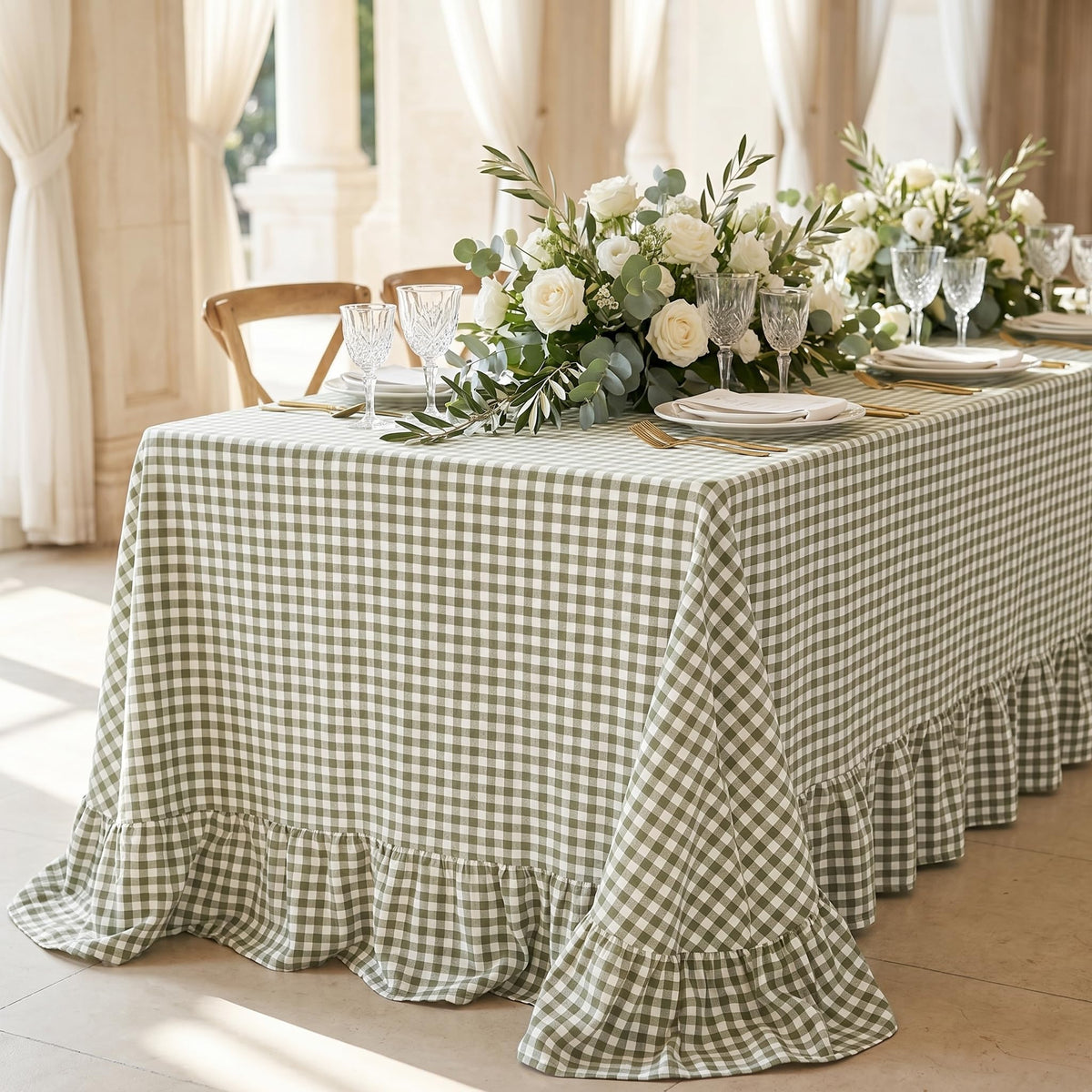 PartyDelight Gingham Ruffle Tablecloth Butter Yellow Washed Cotton Checkered Rectangular Table Cover for Farmhouse Kitchen Cute Cottagecore Birthday Party Decor, Soft Vintage (60x102 Fits 6-9 Seats)