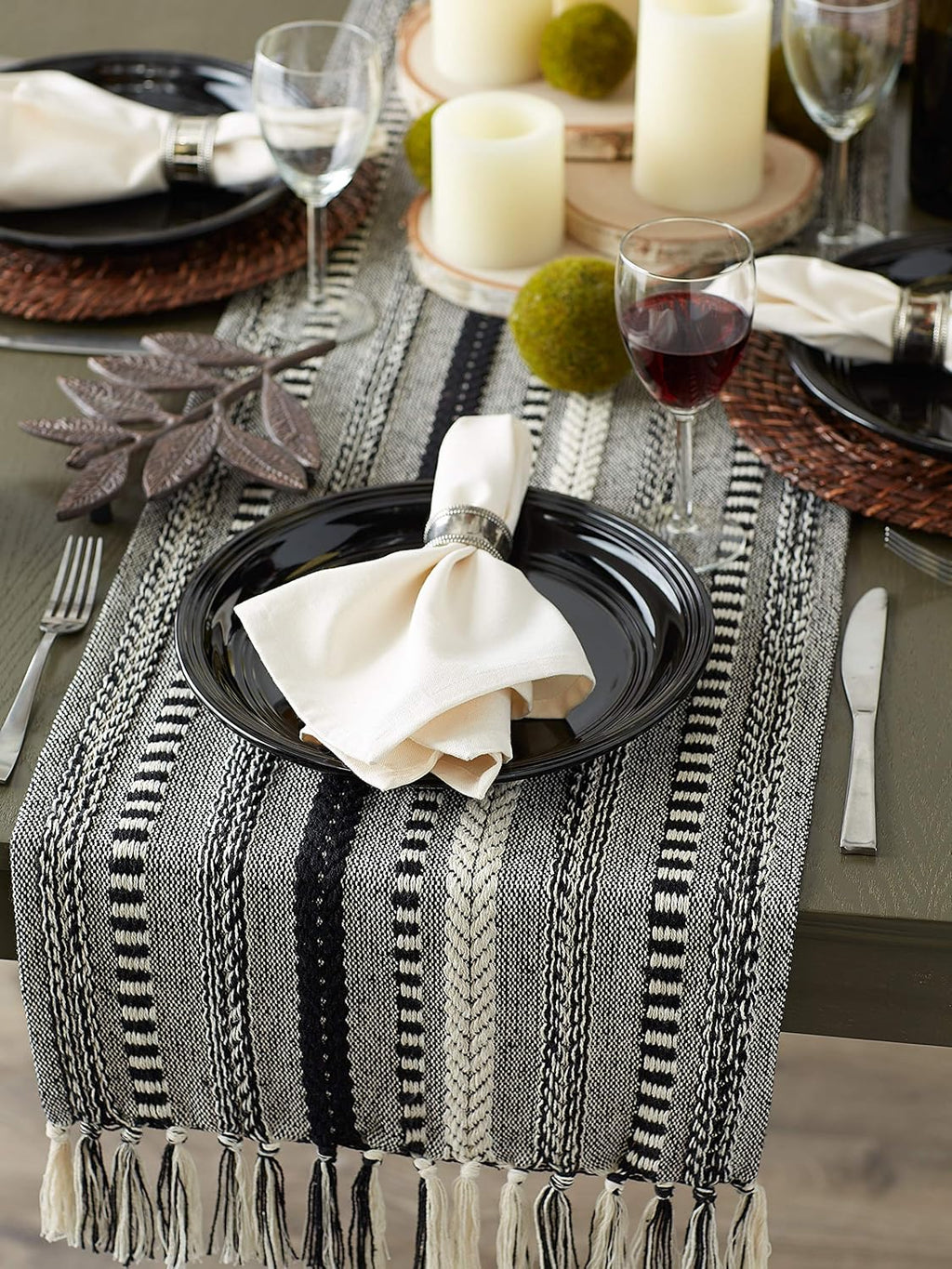 DII Braided Stripe Table Runner, 15x72 with 2.5" Fringe, Black