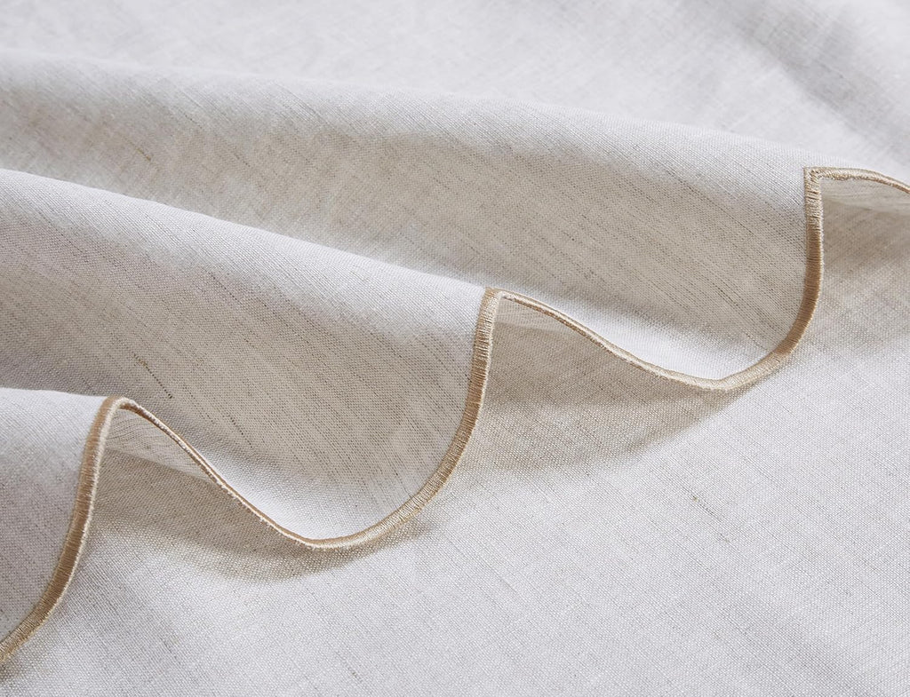 100% French Flax Linen Tablecloths Scalloped Embroidery Rectangle 132Lx60W Inch for Dinners, Parties, Spring, Machine Washable, 12-14 Sets, Linen(Edges-Gold)