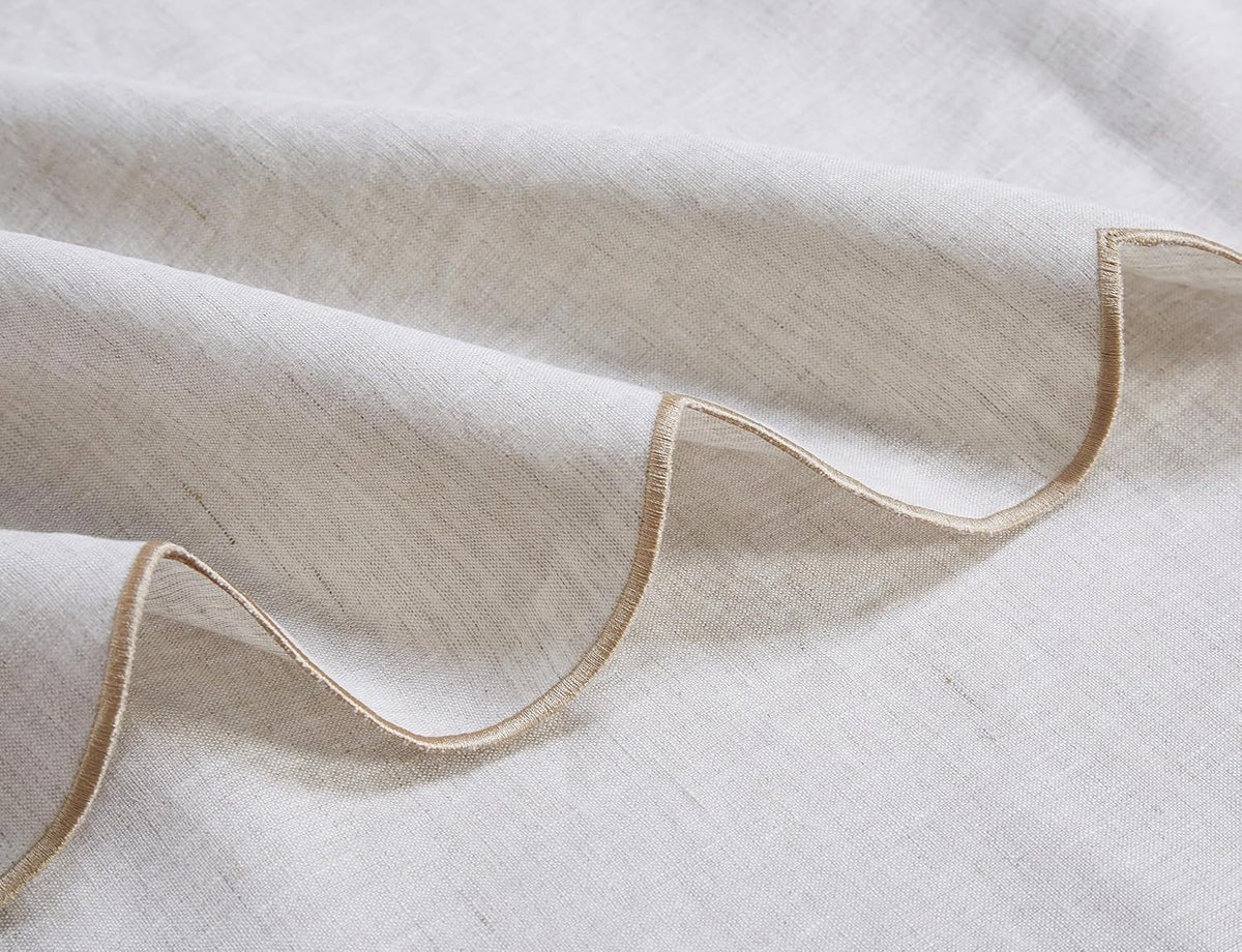 100% French Flax Linen Tablecloths Scalloped Embroidery Rectangle 132Lx60W Inch for Dinners, Parties, Spring, Machine Washable, 12-14 Sets, Linen(Edges-Gold)