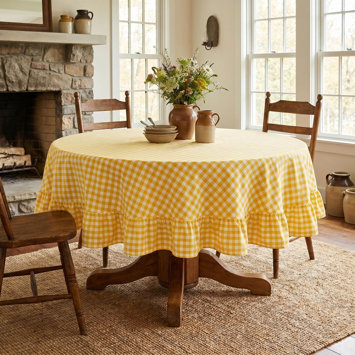 PartyDelight Gingham Ruffle Tablecloth Butter Yellow Washed Cotton Checkered Rectangular Table Cover for Farmhouse Kitchen Cute Cottagecore Birthday Party Decor, Soft Vintage (60x102 Fits 6-9 Seats)