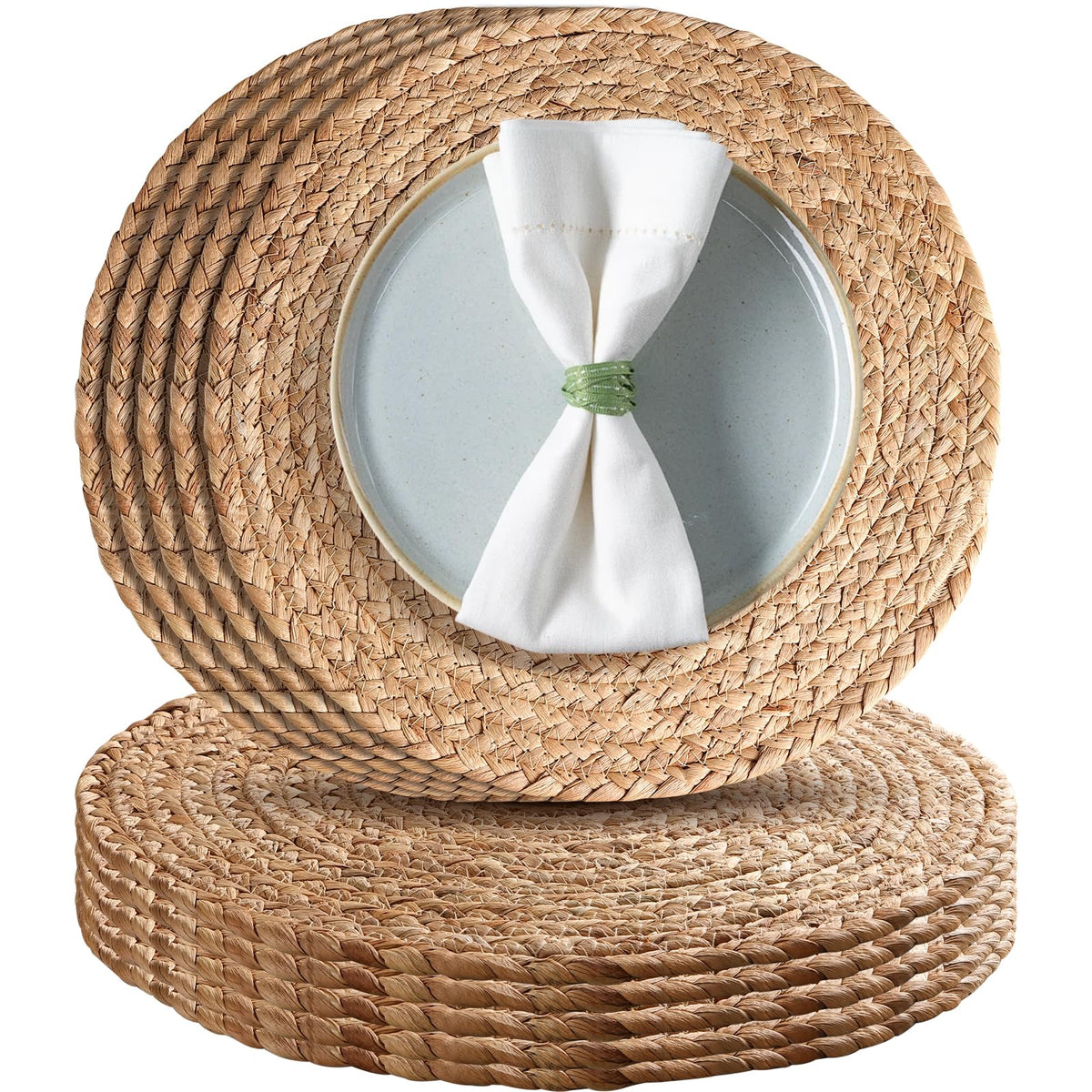 Aofmee 12 inch Round Woven Placemats Set of 6, Boho Rattan Place Mats, Natural Water Hyacinth Table Placemats, Farmhouse Weave Table Mats, Rustic Braided Wicker Charger Plates for Dining Table Decor