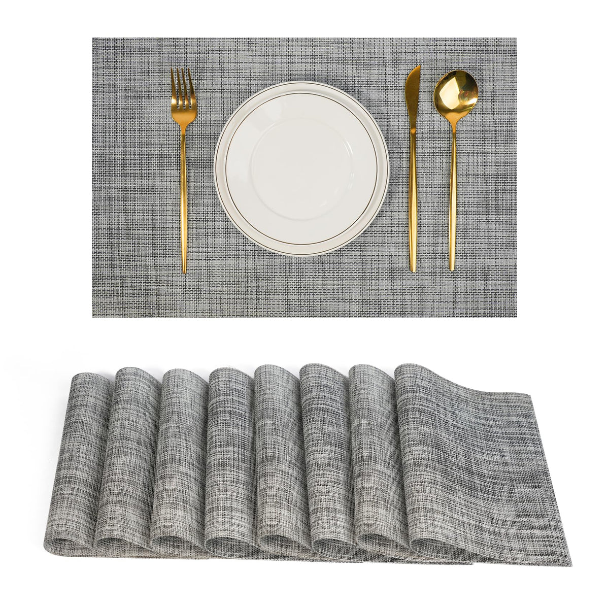 Placemats Set of 6，Non-Slip PVC Weave Table Mats Easy to Clean，Heat Resistant Place Mats for Kitchen Dining Table Decoration Indoor Outdoor，Black Gray