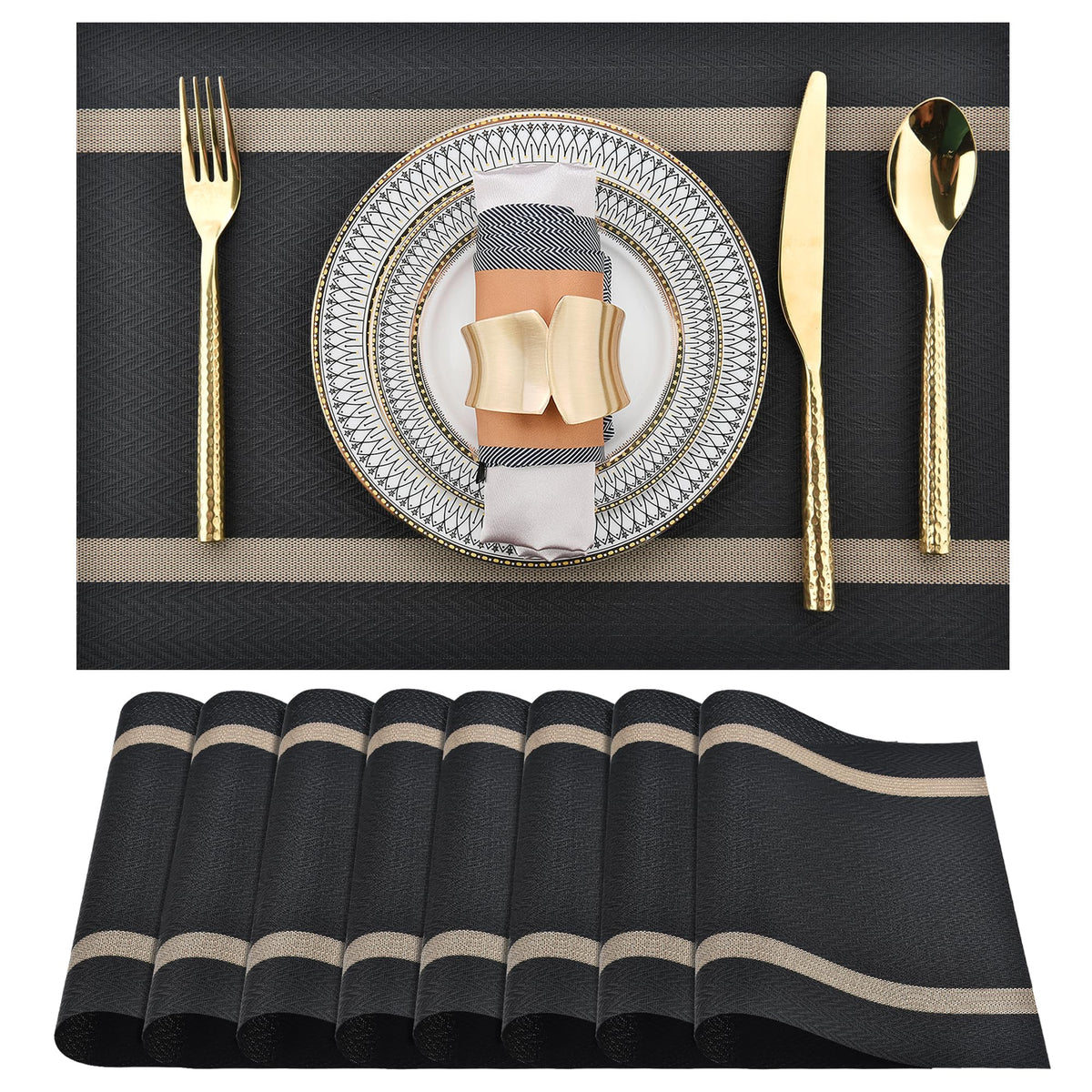 SLKQG Navy Blue Placemats Set of 8 - Easy Clean Washable Vinyl Placemats - Wipeable Heat Resistant Table Mats for Dining Table - 17x12 Inch (Navy Blue, 8)