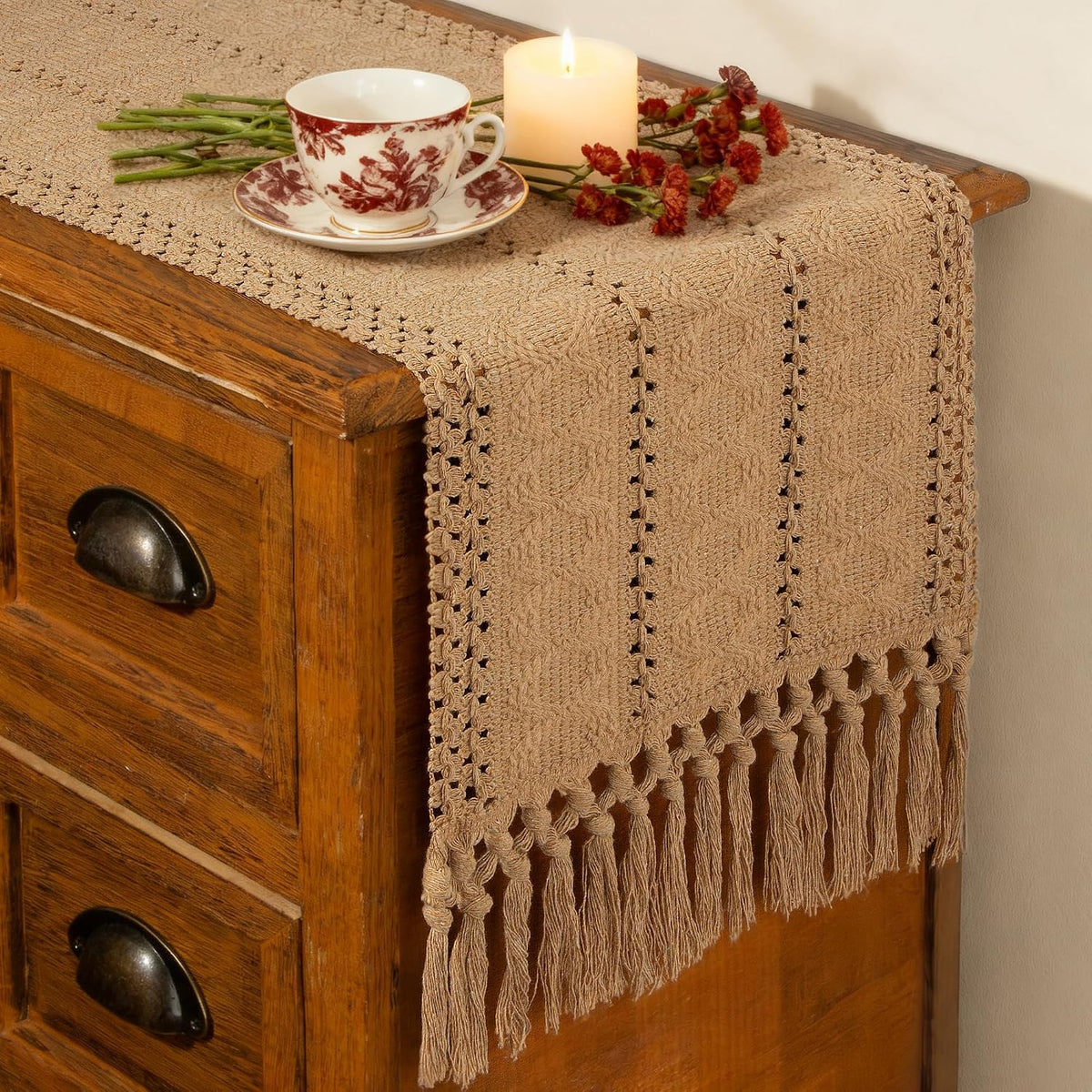 FEXIA Boho Table Runner Fall Burlap Brown Coffee Table Decor 12x72 Inch