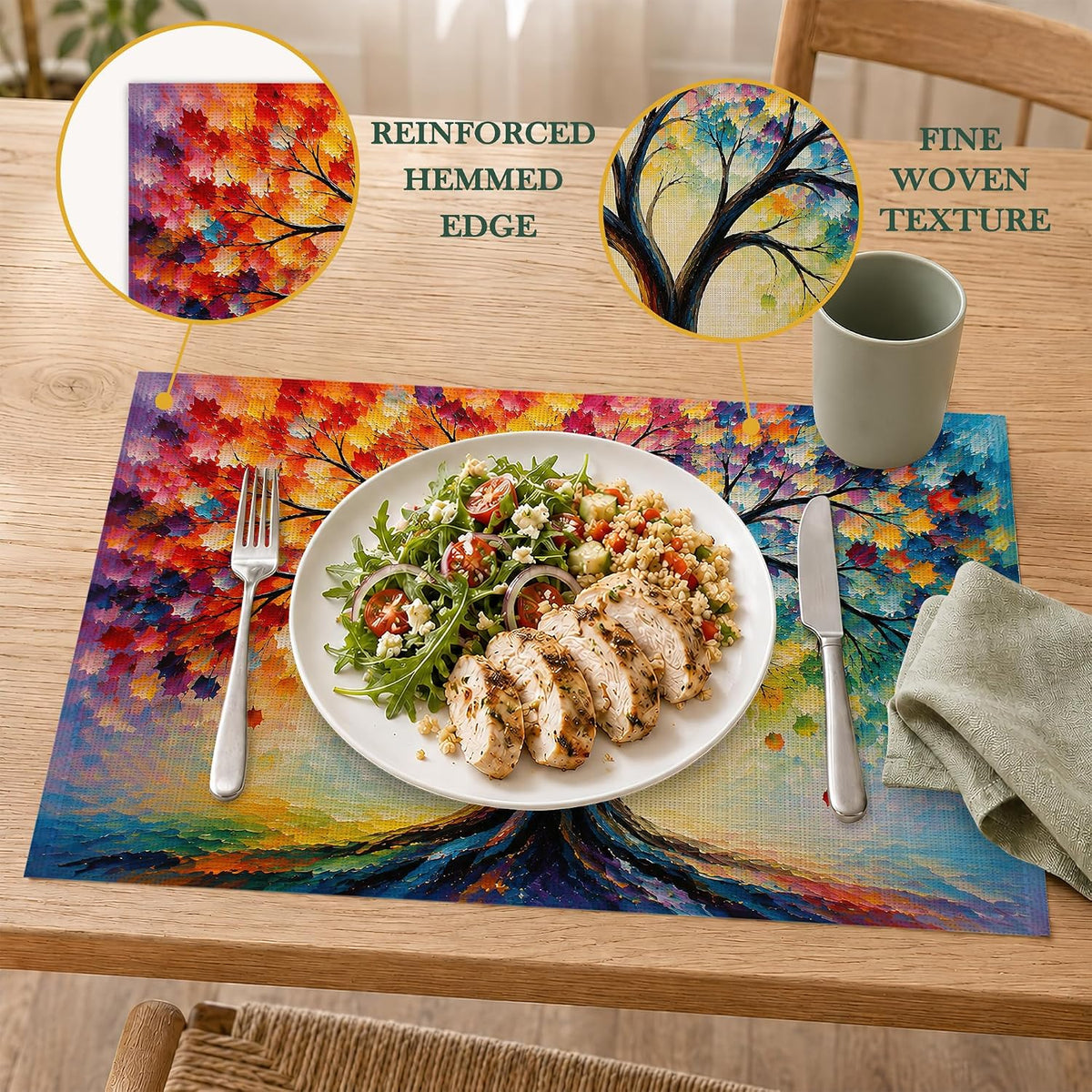 Colorful Tree of Life Dining Table Placemats Watercolor Abstract Place Mats