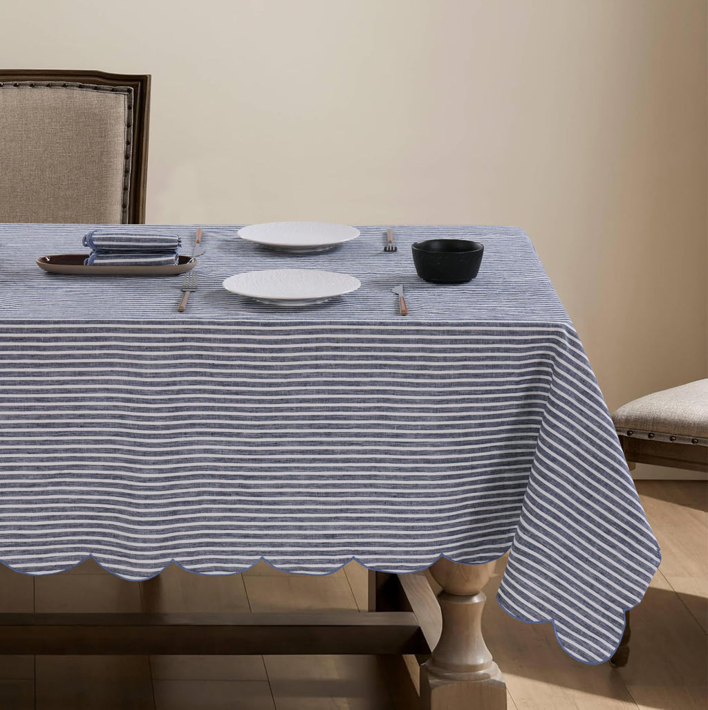 100% French Flax Linen Tablecloths Scalloped Embroidery Rectangle 132Lx60W Inch for Dinners, Parties, Spring, Machine Washable, 12-14 Sets, Linen(Edges-Gold)