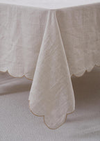 100% French Flax Linen Tablecloths Scalloped Embroidery Rectangle 132Lx60W Inch for Dinners, Parties, Spring, Machine Washable, 12-14 Sets, Linen(Edges-Gold)