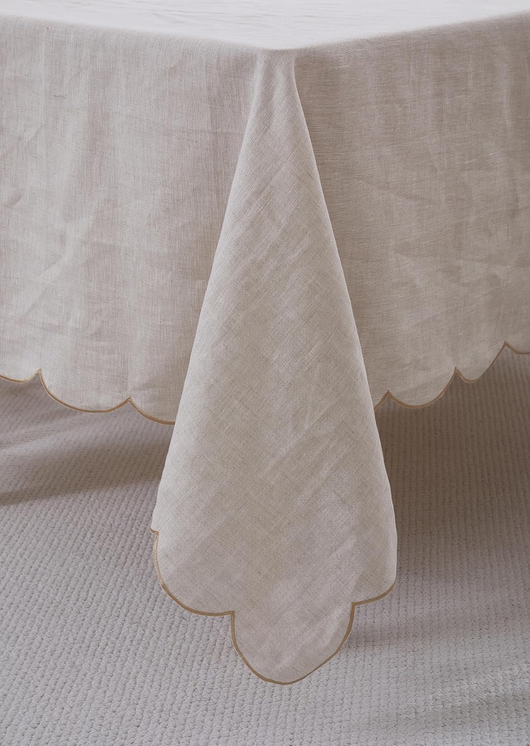 100% French Flax Linen Tablecloths Scalloped Embroidery Rectangle 132Lx60W Inch for Dinners, Parties, Spring, Machine Washable, 12-14 Sets, Linen(Edges-Gold)
