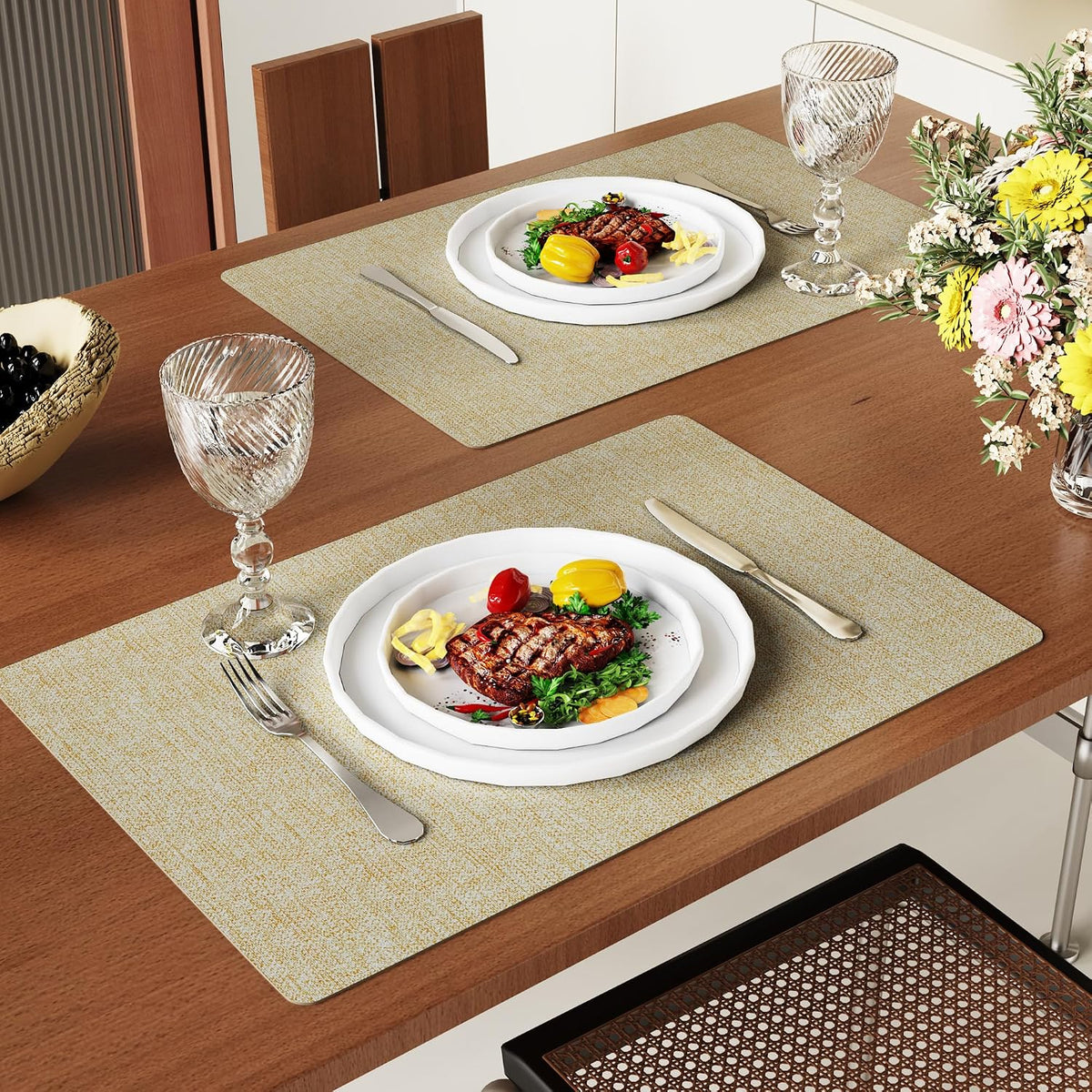 DOLOPL Placemats Set of 6, Reversible Faux Leather Place Mats, Beige