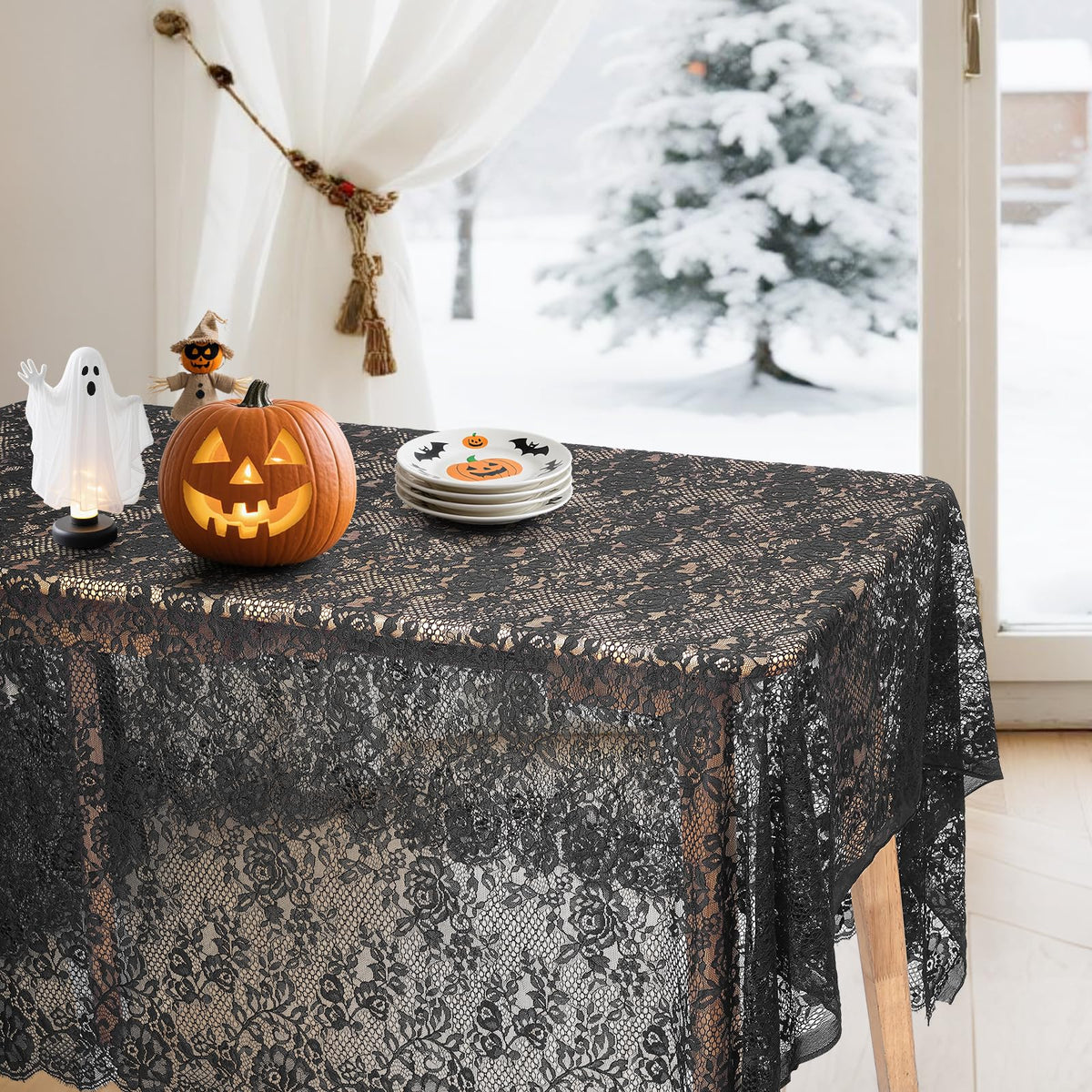 White Lace Tablecloth 60"x120" - Vintage Boho Rectangle Overlay for Rustic Weddings, Bridal Showers, and Stylish Party Decor (White)