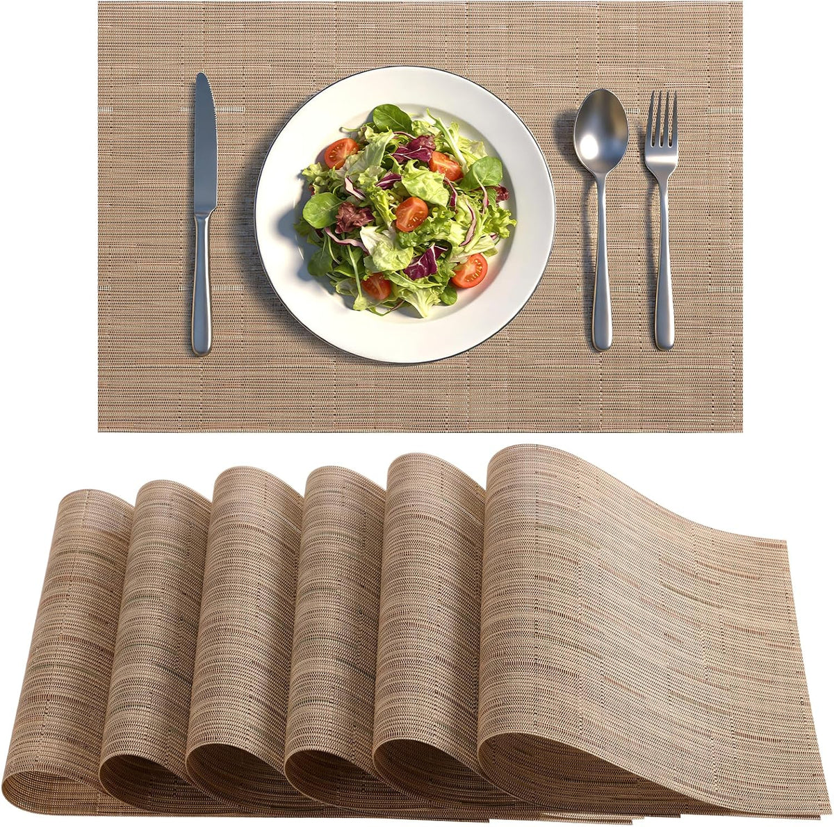 Timeet Placemats Set of 6, Heat Resistant Non-Slip Place Mats, Durable Washable PVC Vinyl Woven Table Mats, Linen Textured Table Placemats for Dining Kitchen Resistant Easy to Clean(Brown)