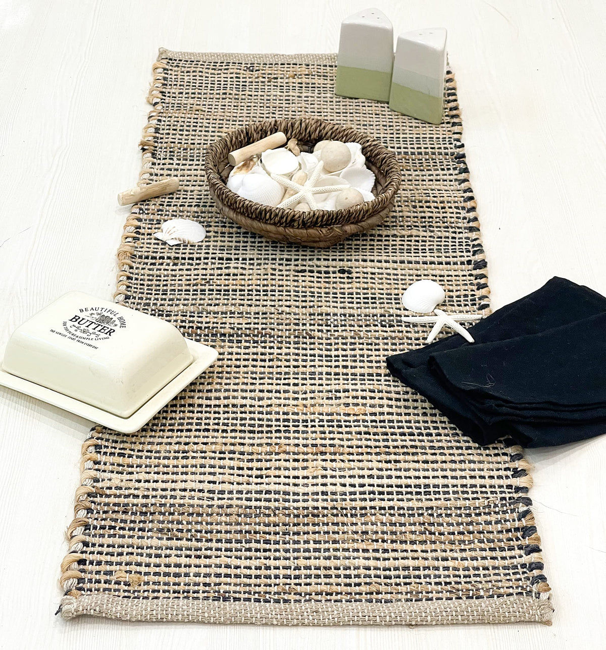 Chardin home Natural Jute Table Runner 13x108 Inch – Vintage Boho Rustic Table Decor – Handwoven Long Table Runner in Natural Jute and Black – Farmhouse Dining or Console Table Accent