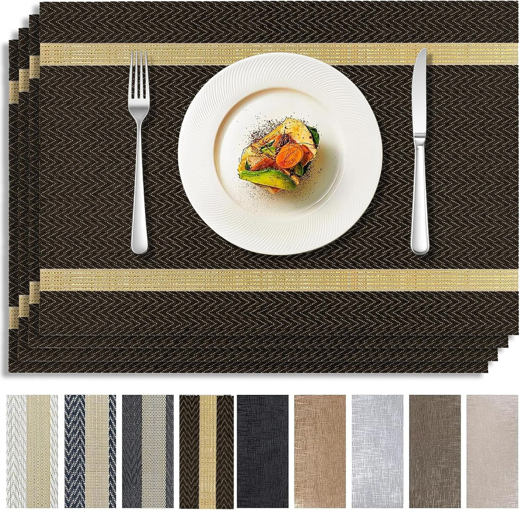 Brown Placemats Set of 4, Rustic Washable PVC Vinyl Woven for Dining Table, Stain Resistant Flat Pack No Curled Edges, Heat Resistant Non Slip, 17 x 12 Inch