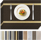 Brown Placemats Set of 4, Rustic Washable PVC Vinyl Woven for Dining Table, Stain Resistant Flat Pack No Curled Edges, Heat Resistant Non Slip, 17 x 12 Inch